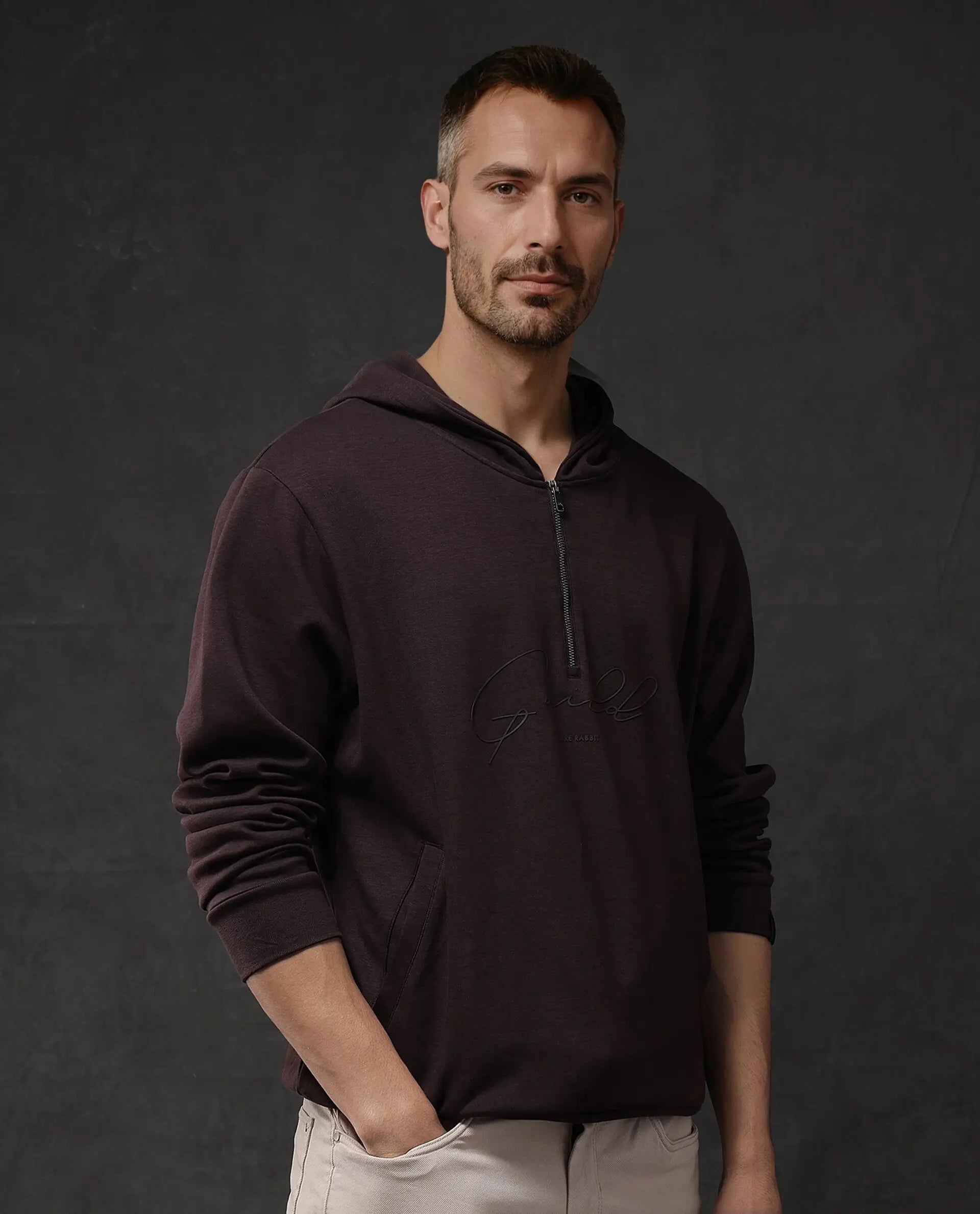 Rare Rabbit Men Eli-2 Maroon Full Sleeve Hooded Zipper Closure Signature Print Sweatshirt