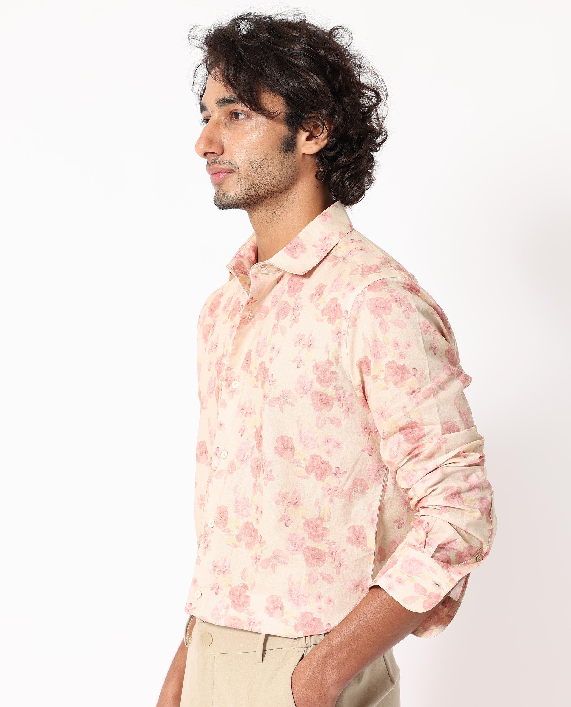 Rare Rabbit Men's Eliaa Pink Cotton Fabric Floral Print Full Sleeves Shirt