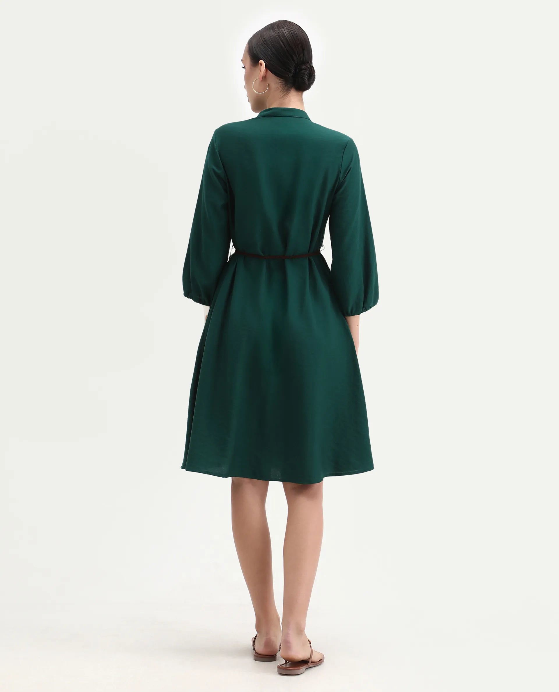 Rareism Women's Eliah Green Polyester Bishop Sleeve Mandarin Collar A-Line Fit Plain Dress