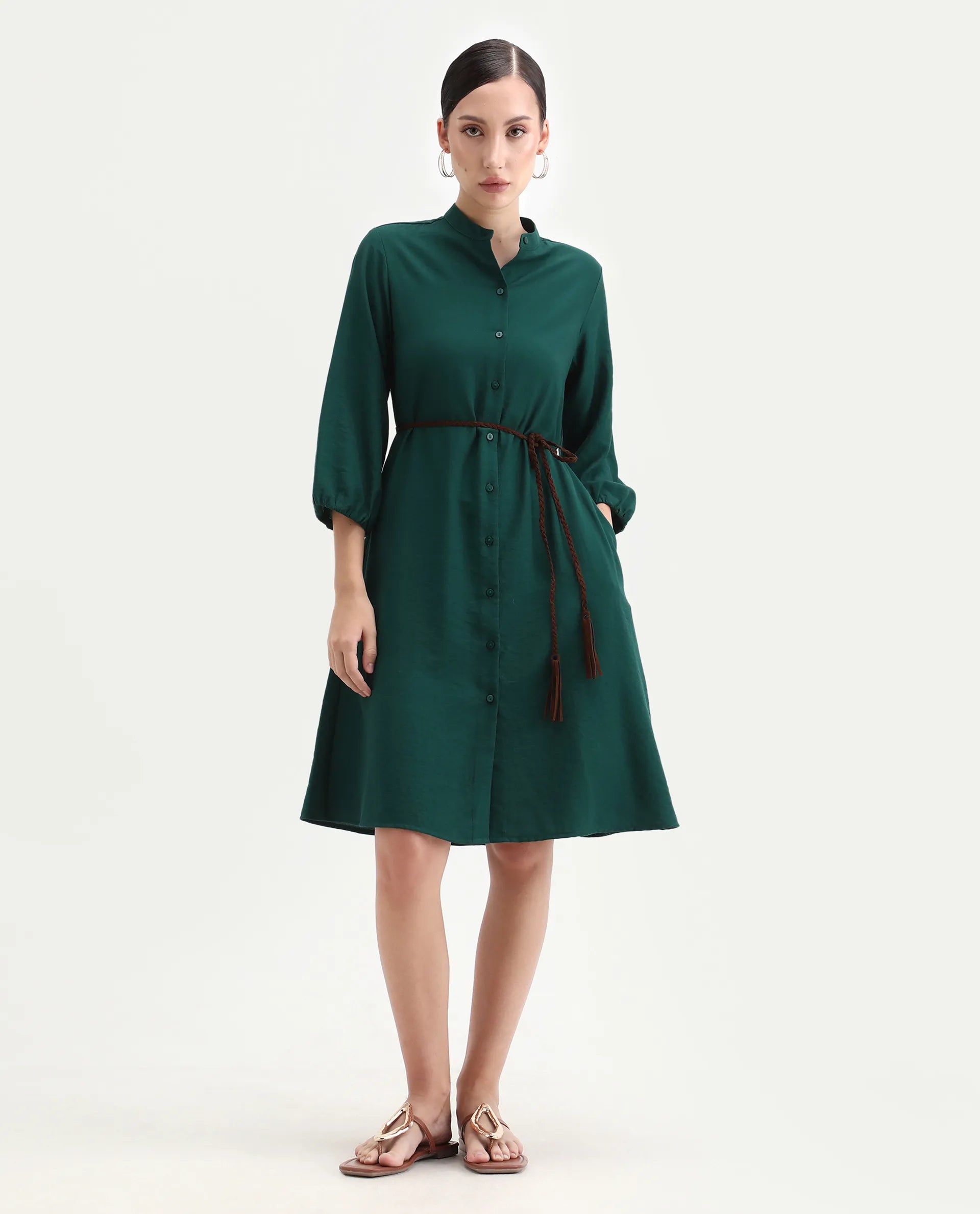 Rareism Women's Eliah Green Polyester Bishop Sleeve Mandarin Collar A-Line Fit Plain Dress