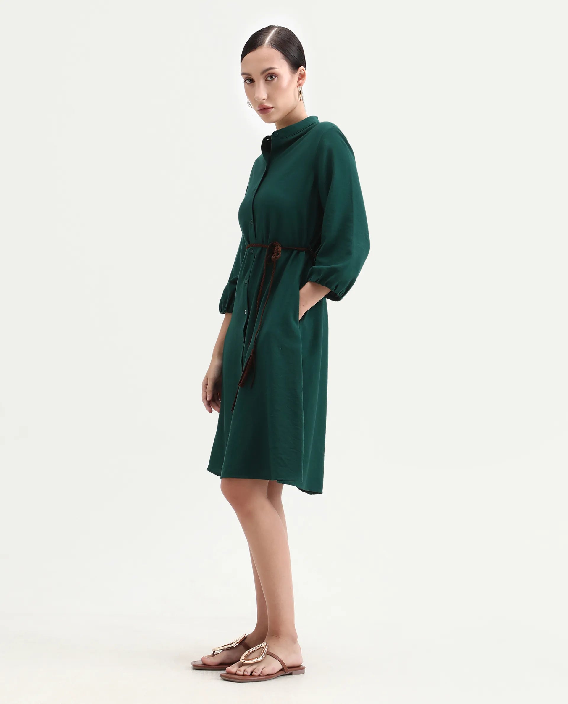 Rareism Women's Eliah Green Polyester Bishop Sleeve Mandarin Collar A-Line Fit Plain Dress