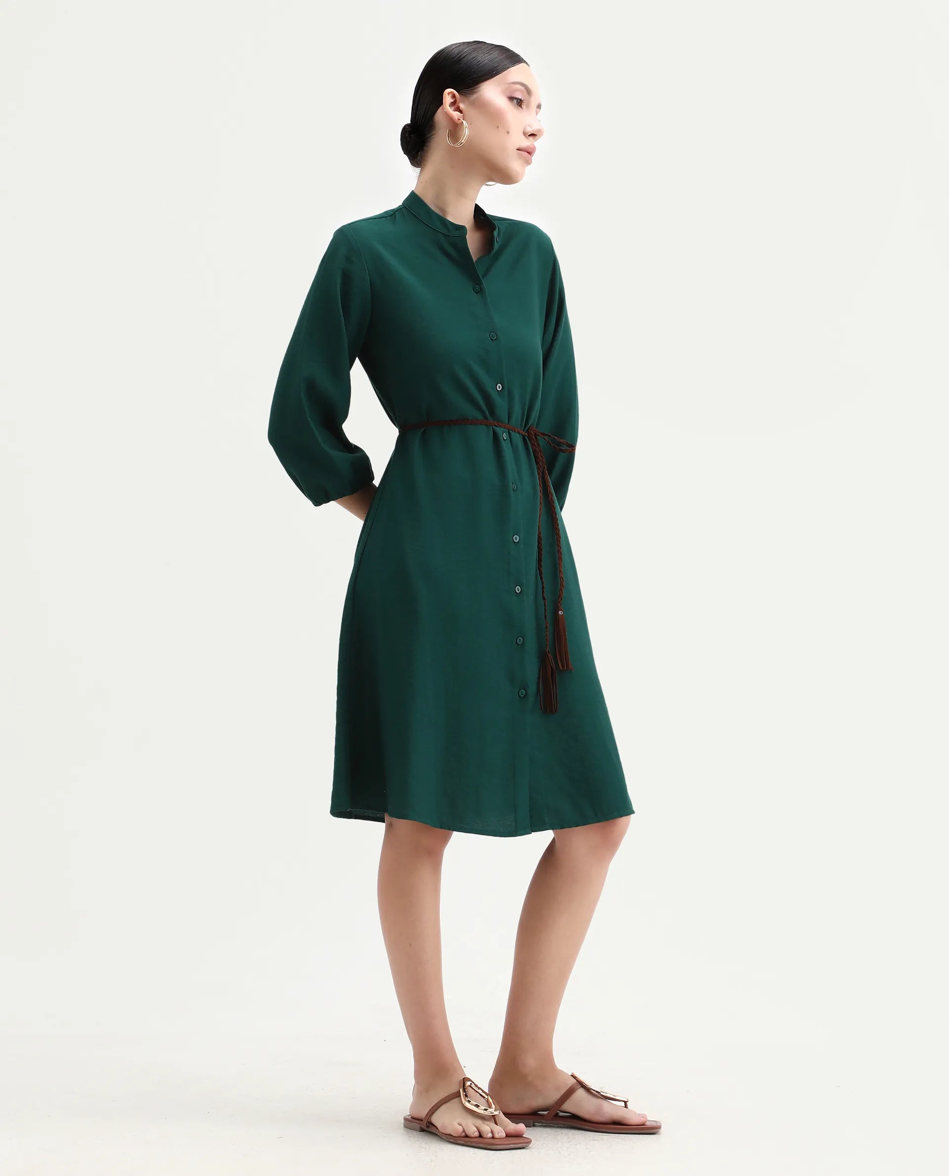 Rareism Women's Eliah Green Polyester Bishop Sleeve Mandarin Collar A-Line Fit Plain Dress