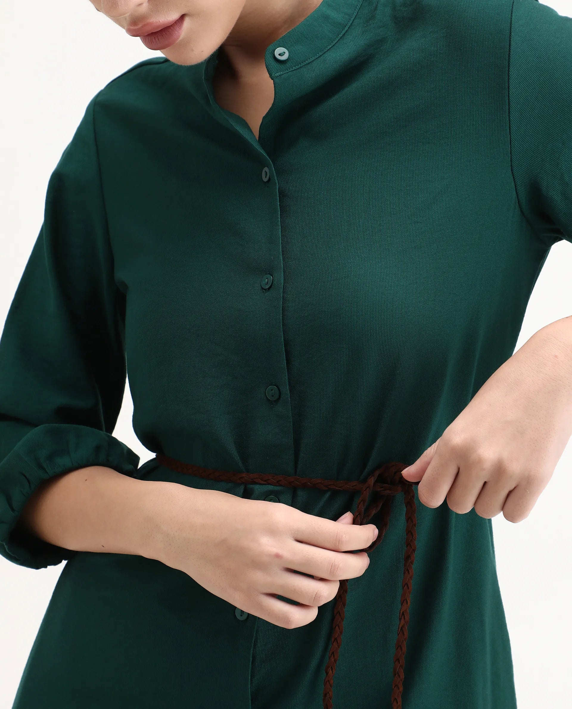 Rareism Women's Eliah Green Polyester Bishop Sleeve Mandarin Collar A-Line Fit Plain Dress