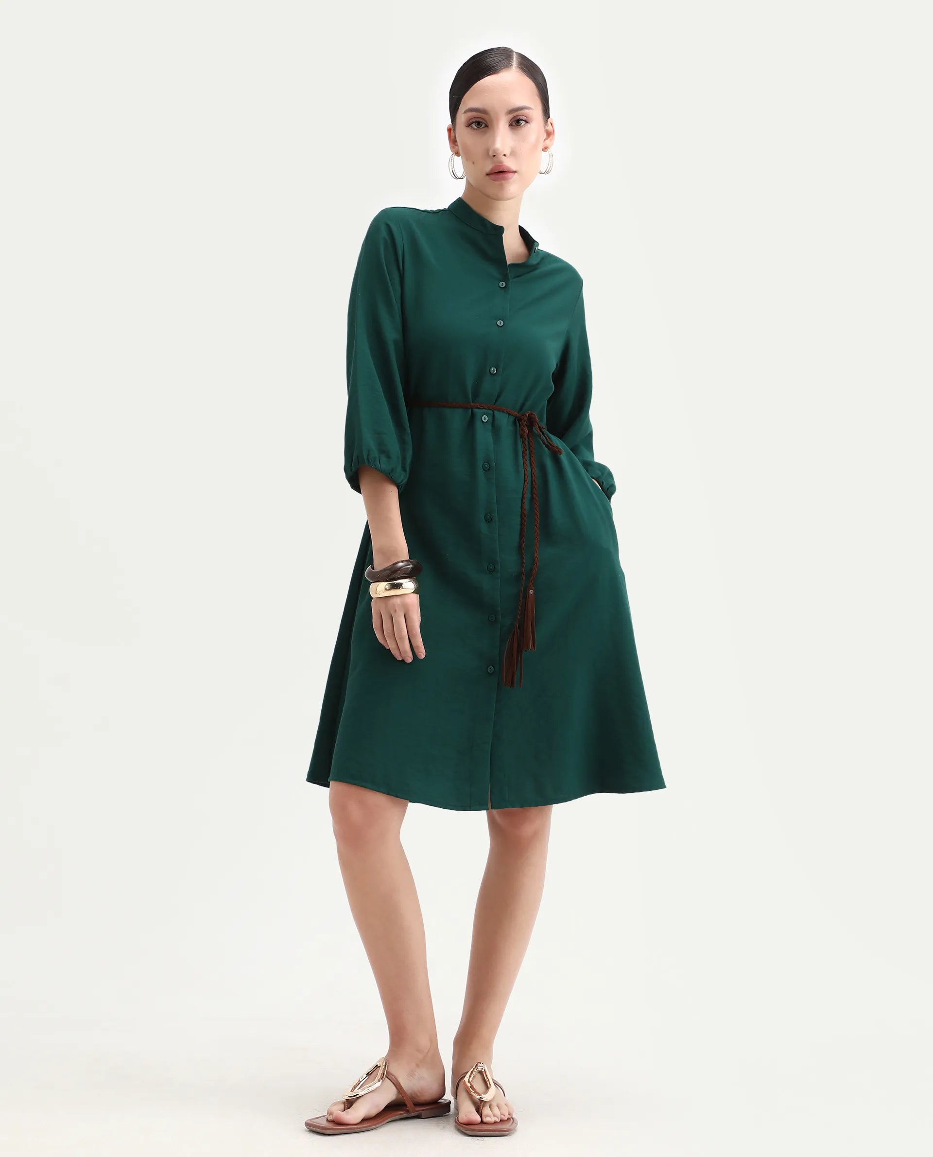 Rareism Women's Eliah Green Polyester Bishop Sleeve Mandarin Collar A-Line Fit Plain Dress