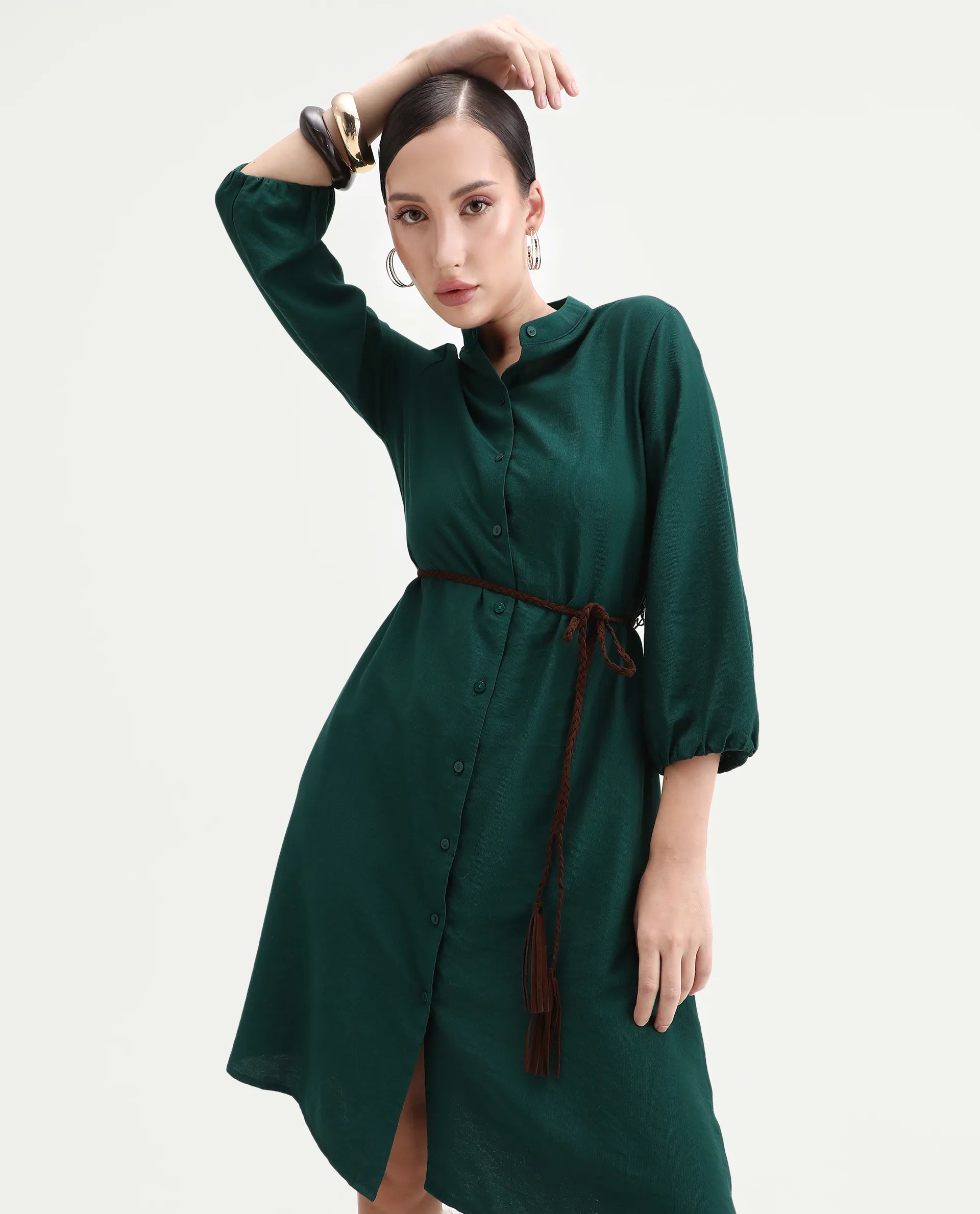 Rareism Women's Eliah Green Polyester Bishop Sleeve Mandarin Collar A-Line Fit Plain Dress