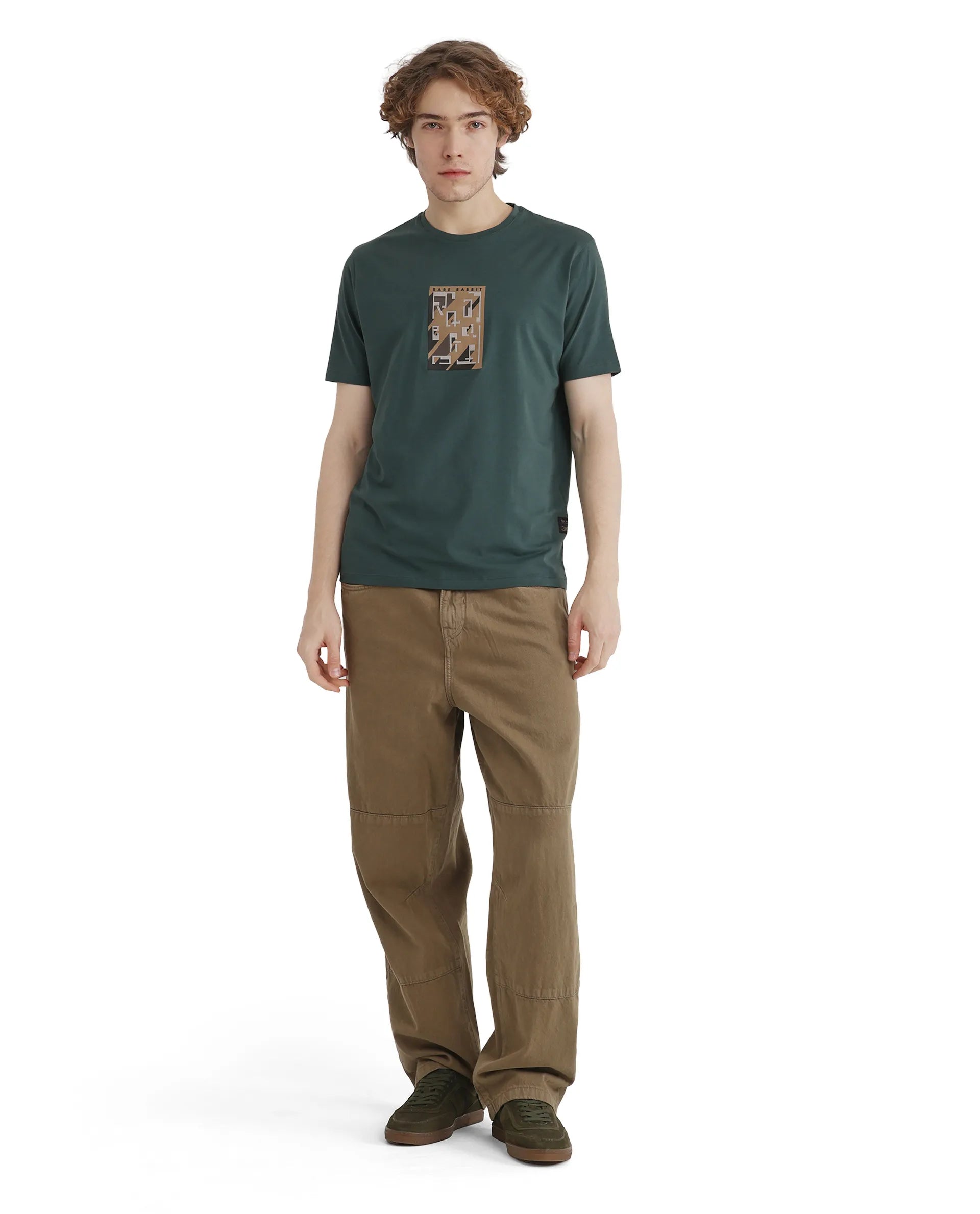 Rare Rabbit Men Elih Dusky Green Short Sleeve Crew Neck Graphic Print T-Shirt