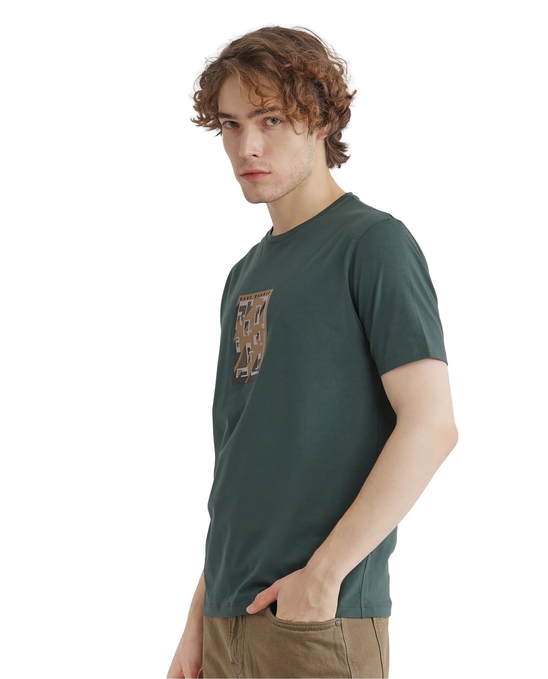 Rare Rabbit Men Elih Dusky Green Short Sleeve Crew Neck Graphic Print T-Shirt