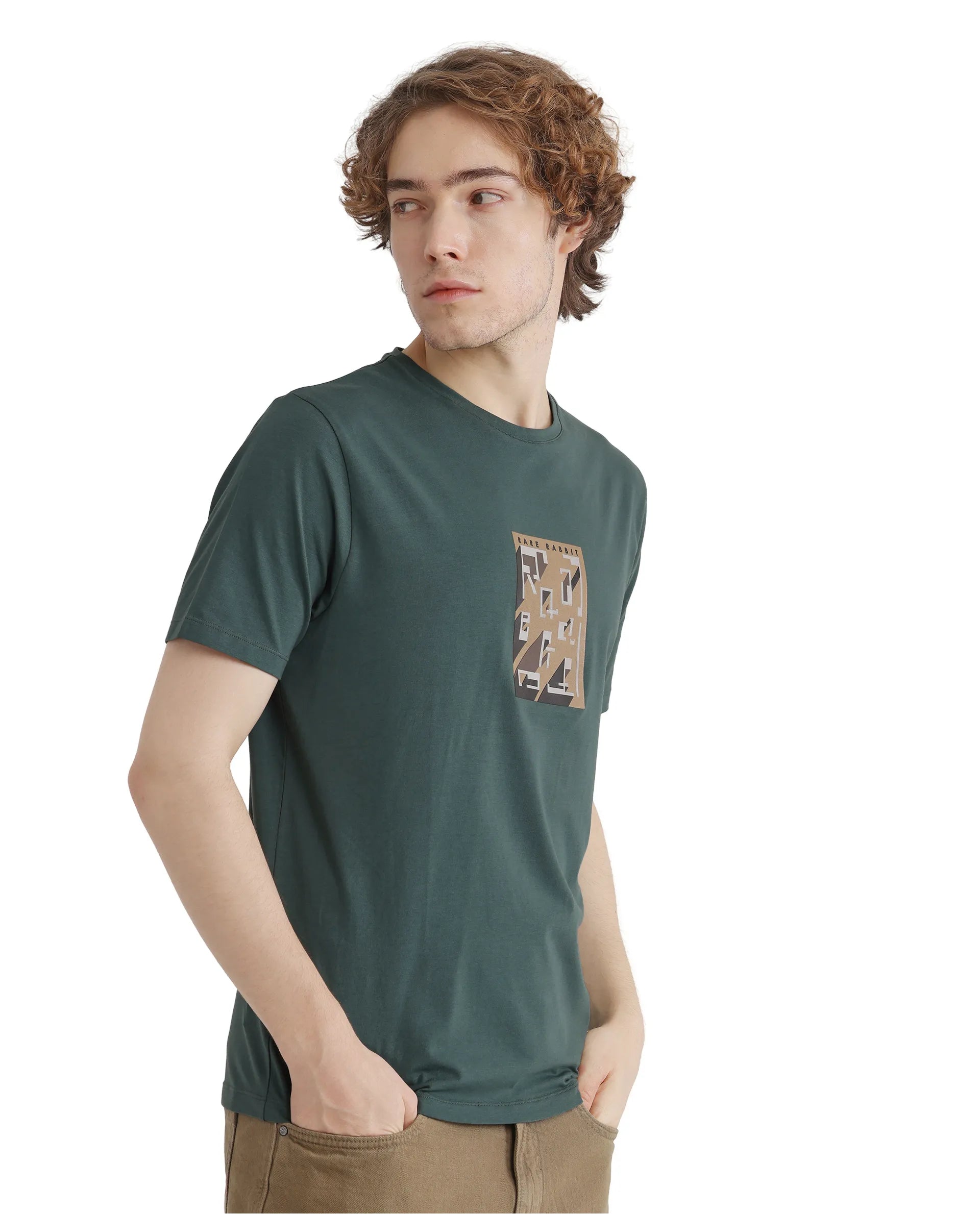 Rare Rabbit Men Elih Dusky Green Short Sleeve Crew Neck Graphic Print T-Shirt
