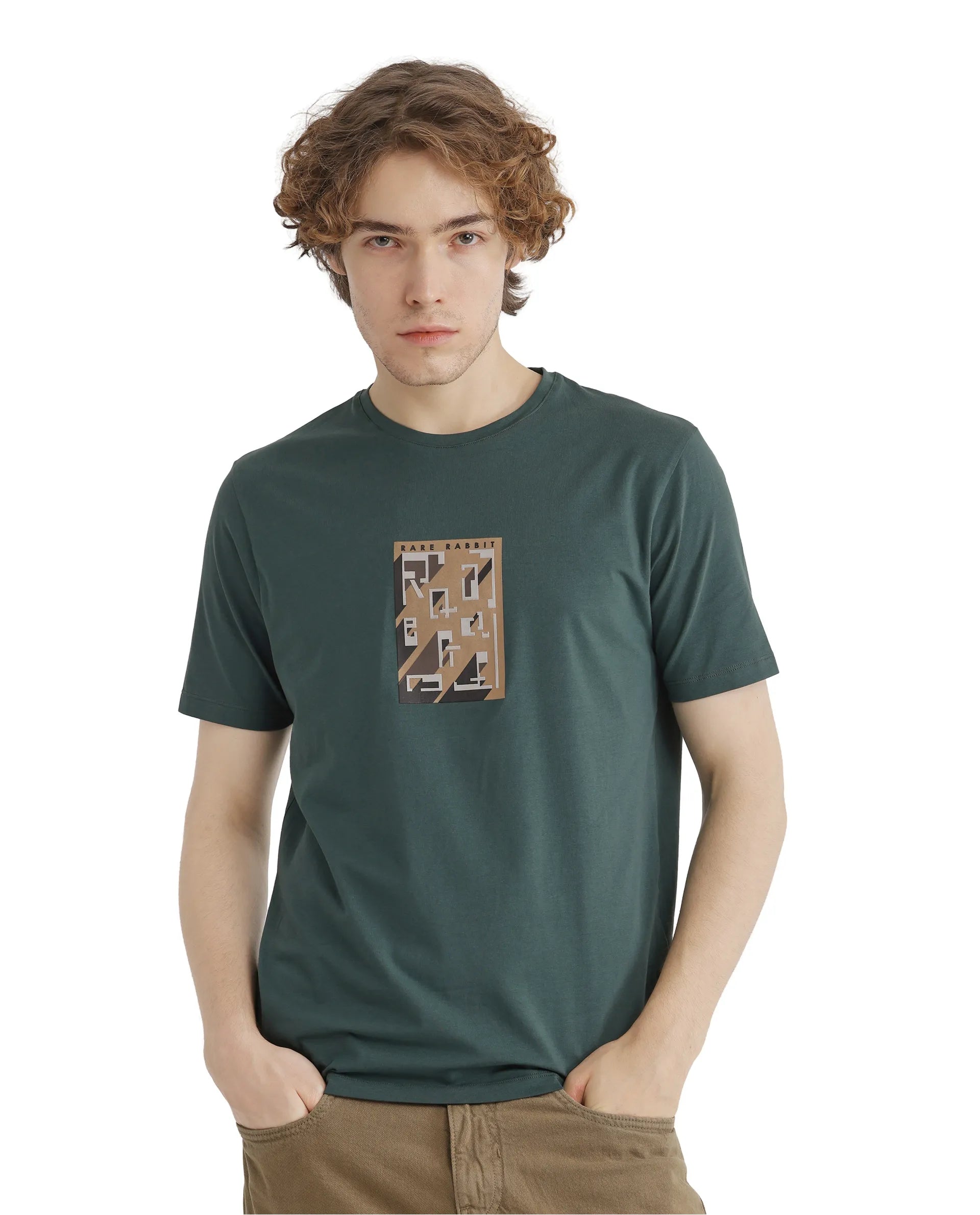 Rare Rabbit Men Elih Dusky Green Short Sleeve Crew Neck Graphic Print T-Shirt