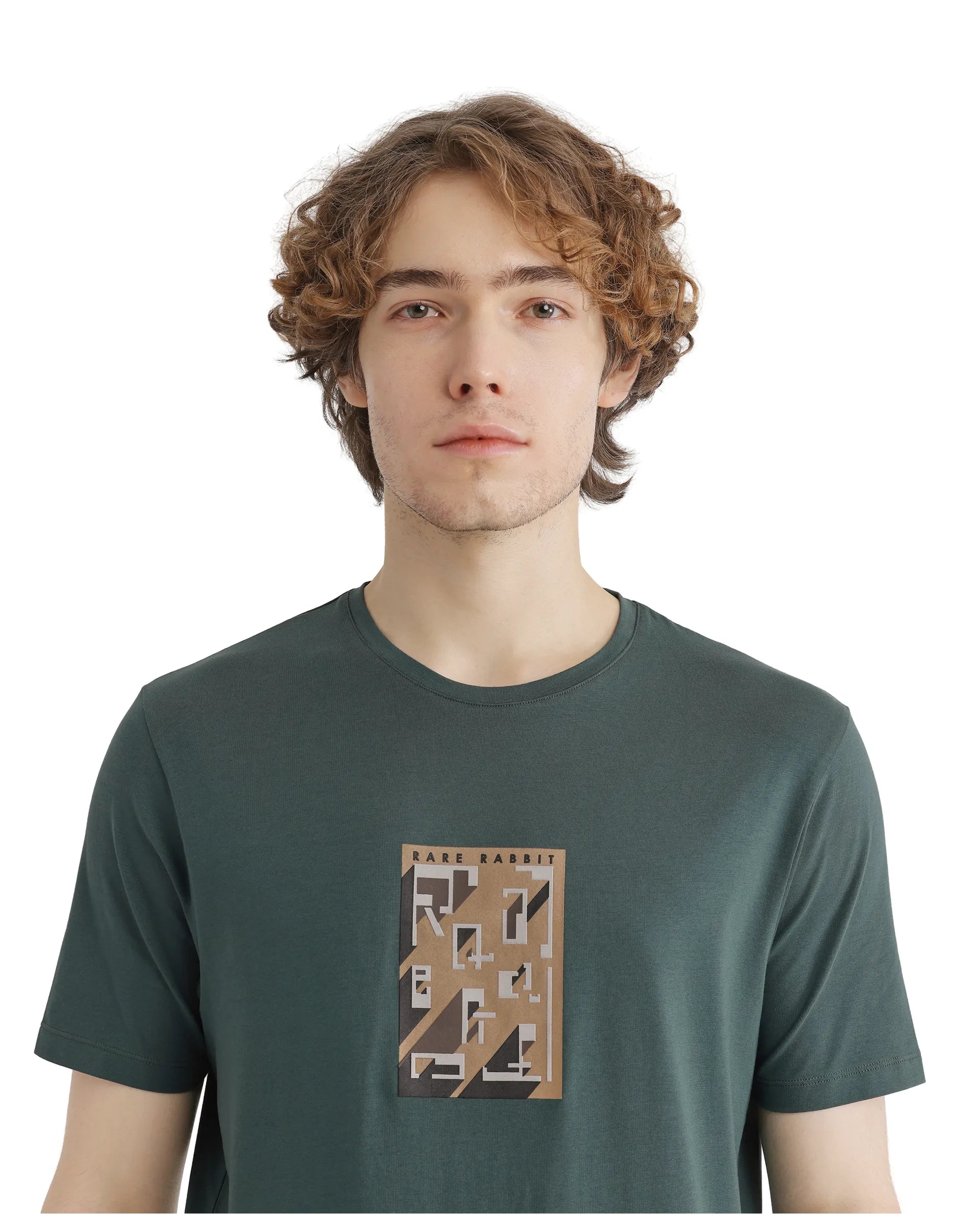 Rare Rabbit Men Elih Dusky Green Short Sleeve Crew Neck Graphic Print T-Shirt