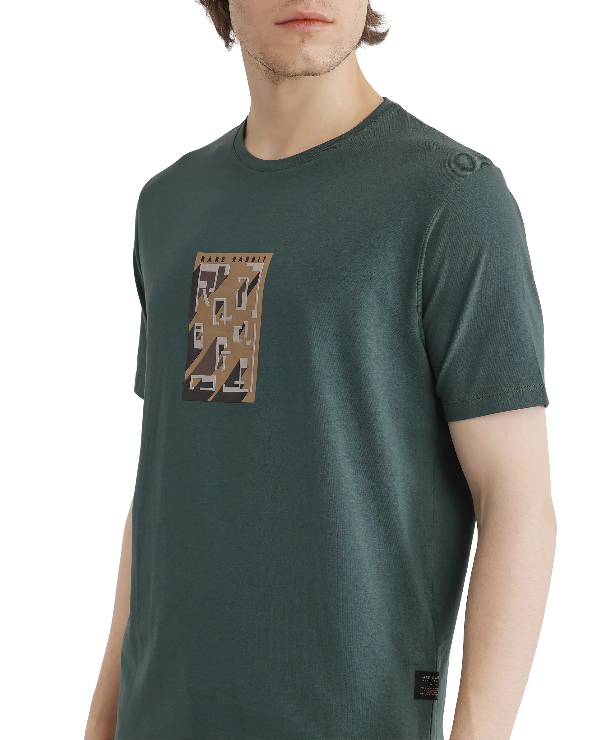 Rare Rabbit Men Elih Dusky Green Short Sleeve Crew Neck Graphic Print T-Shirt