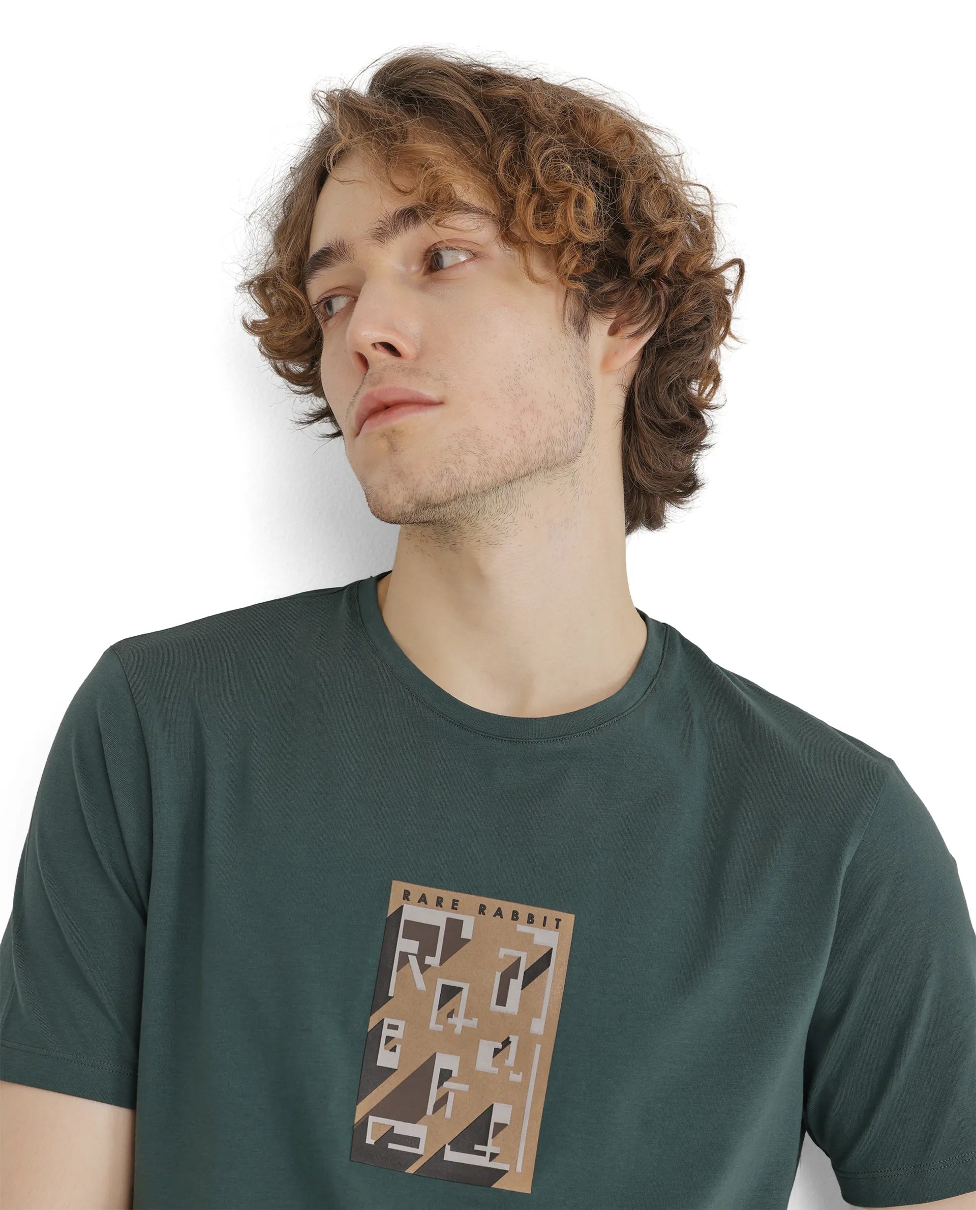 Rare Rabbit Men Elih Dusky Green Short Sleeve Crew Neck Graphic Print T-Shirt
