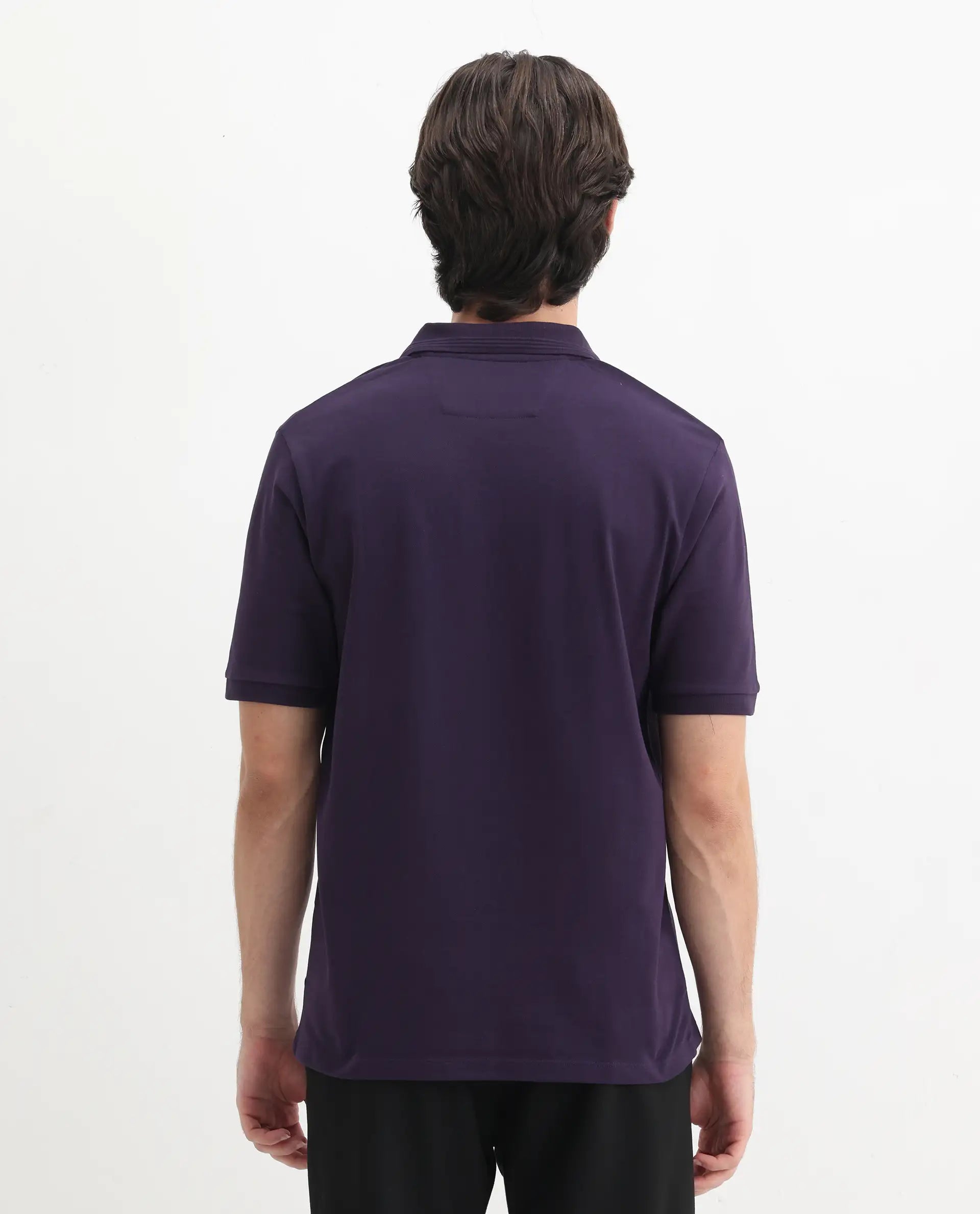 Rare Rabbit Men's Elixir Dark Purple Cotton Blend Plain Regular Fit Half Sleeve Polo
