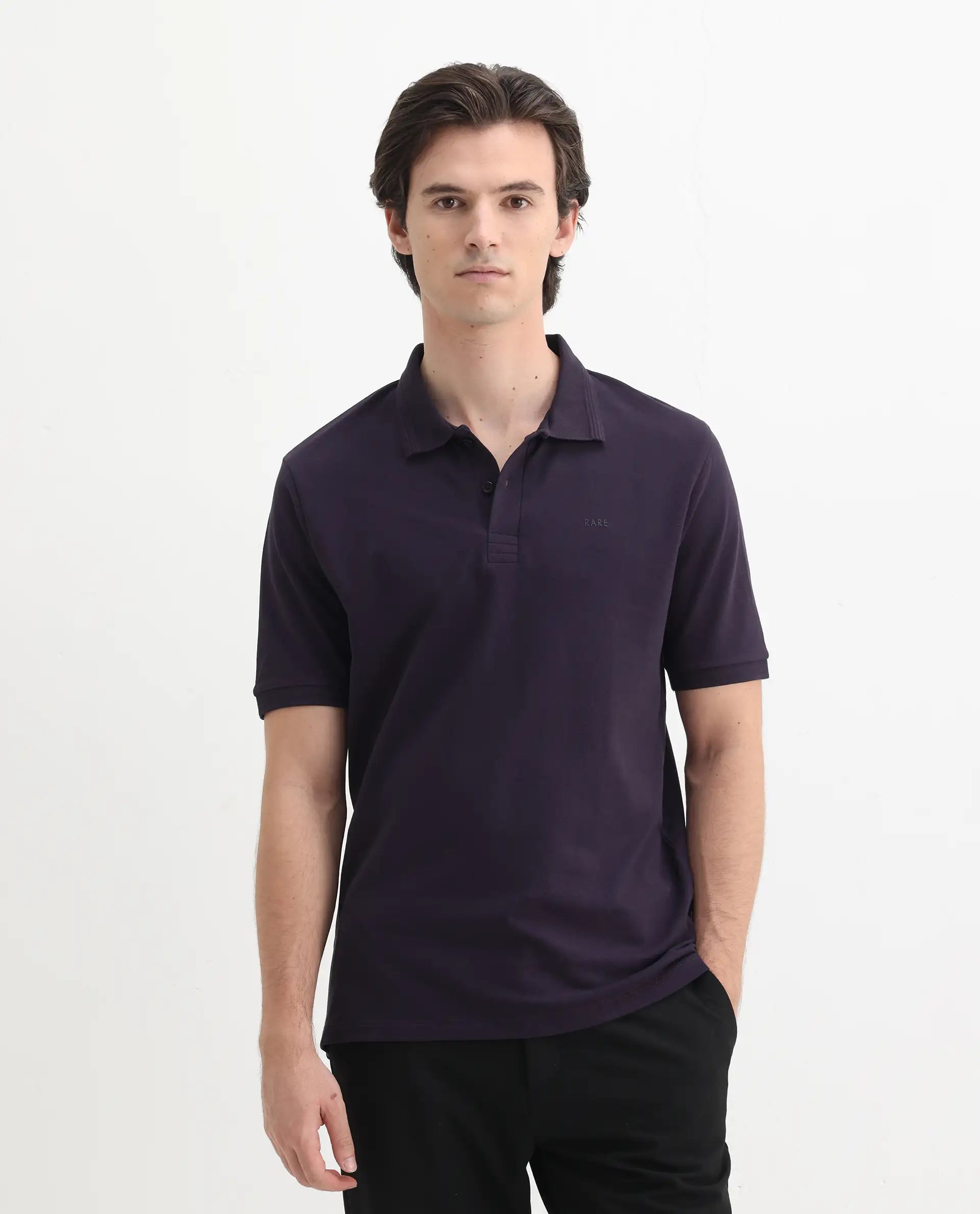 Rare Rabbit Men's Elixir Dark Purple Cotton Blend Plain Regular Fit Half Sleeve Polo