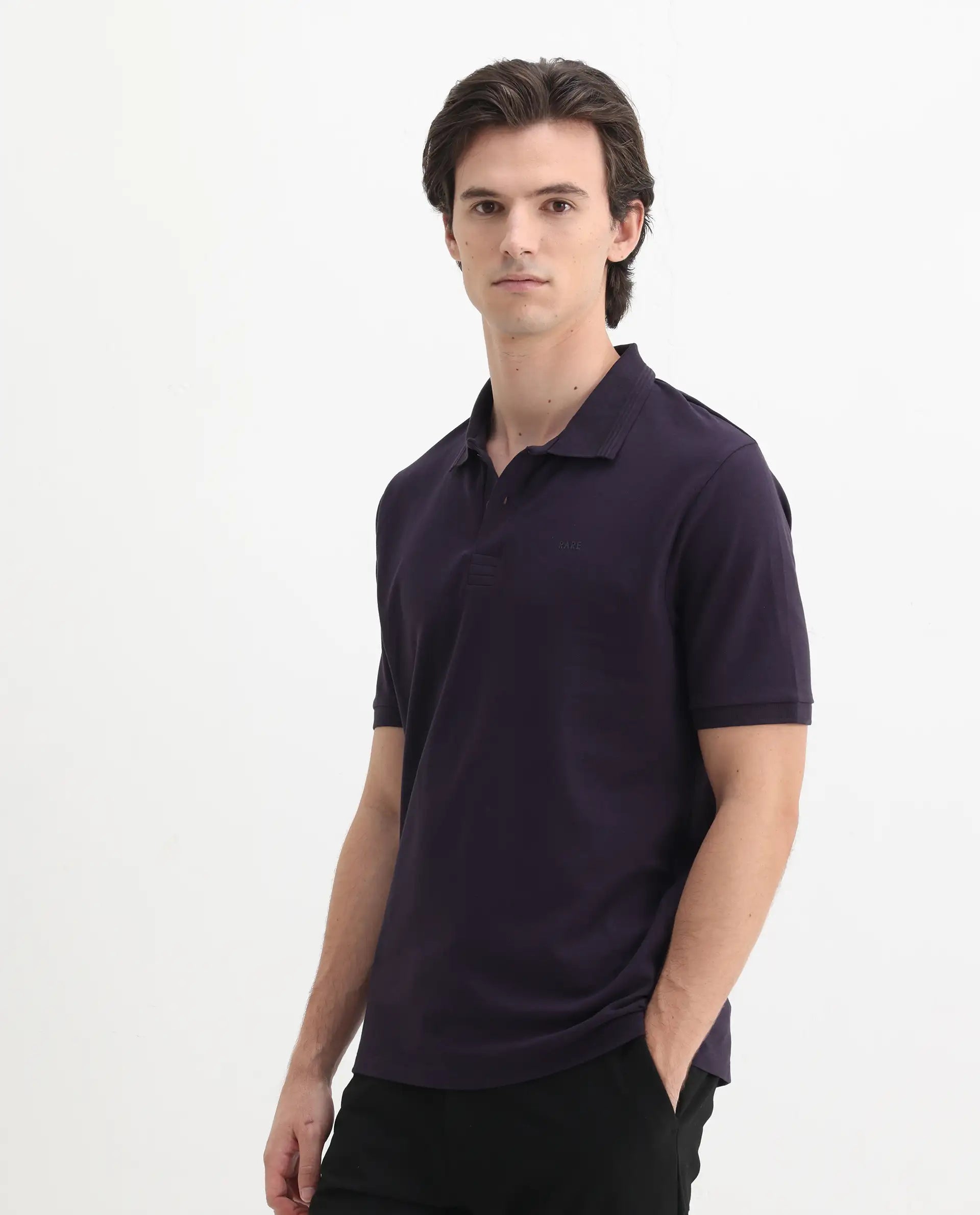 Rare Rabbit Men's Elixir Dark Purple Cotton Blend Plain Regular Fit Half Sleeve Polo
