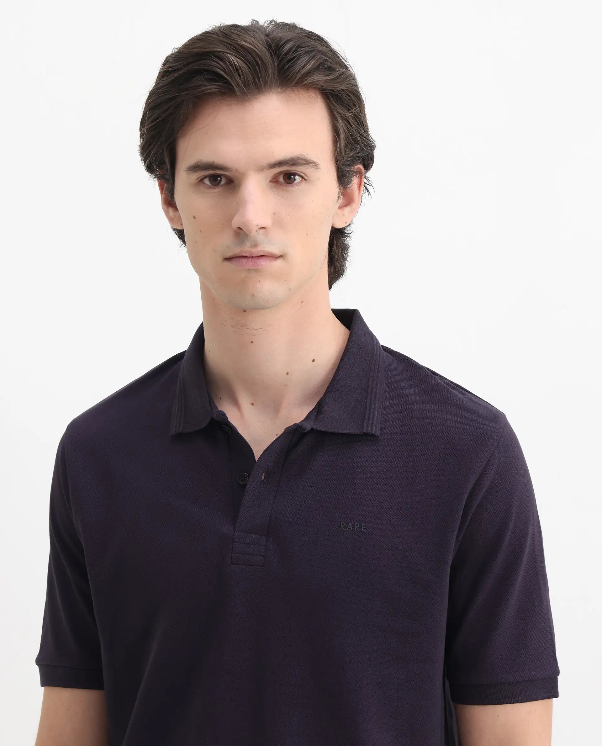 Rare Rabbit Men's Elixir Dark Purple Cotton Blend Plain Regular Fit Half Sleeve Polo