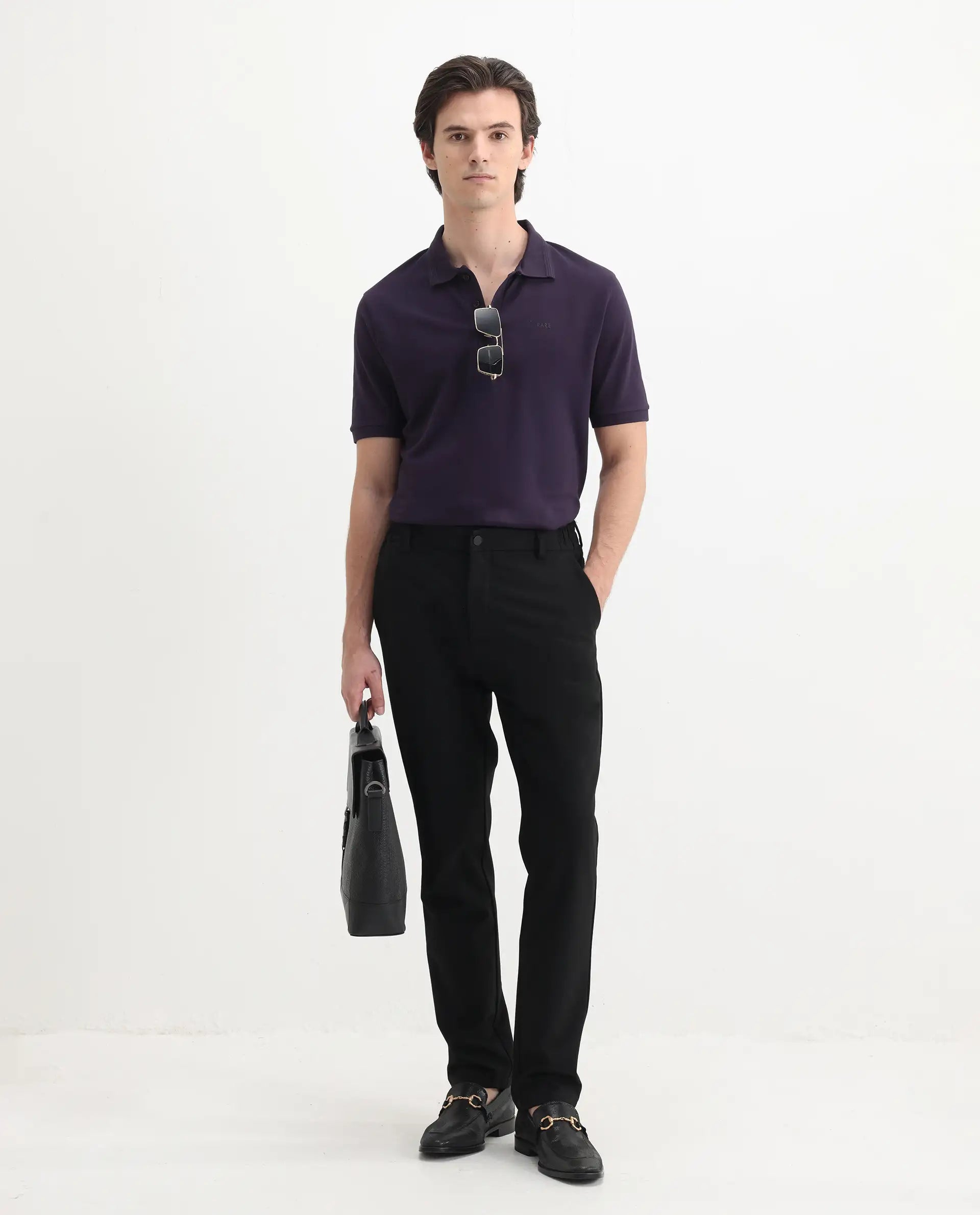 Rare Rabbit Men's Elixir Dark Purple Cotton Blend Plain Regular Fit Half Sleeve Polo