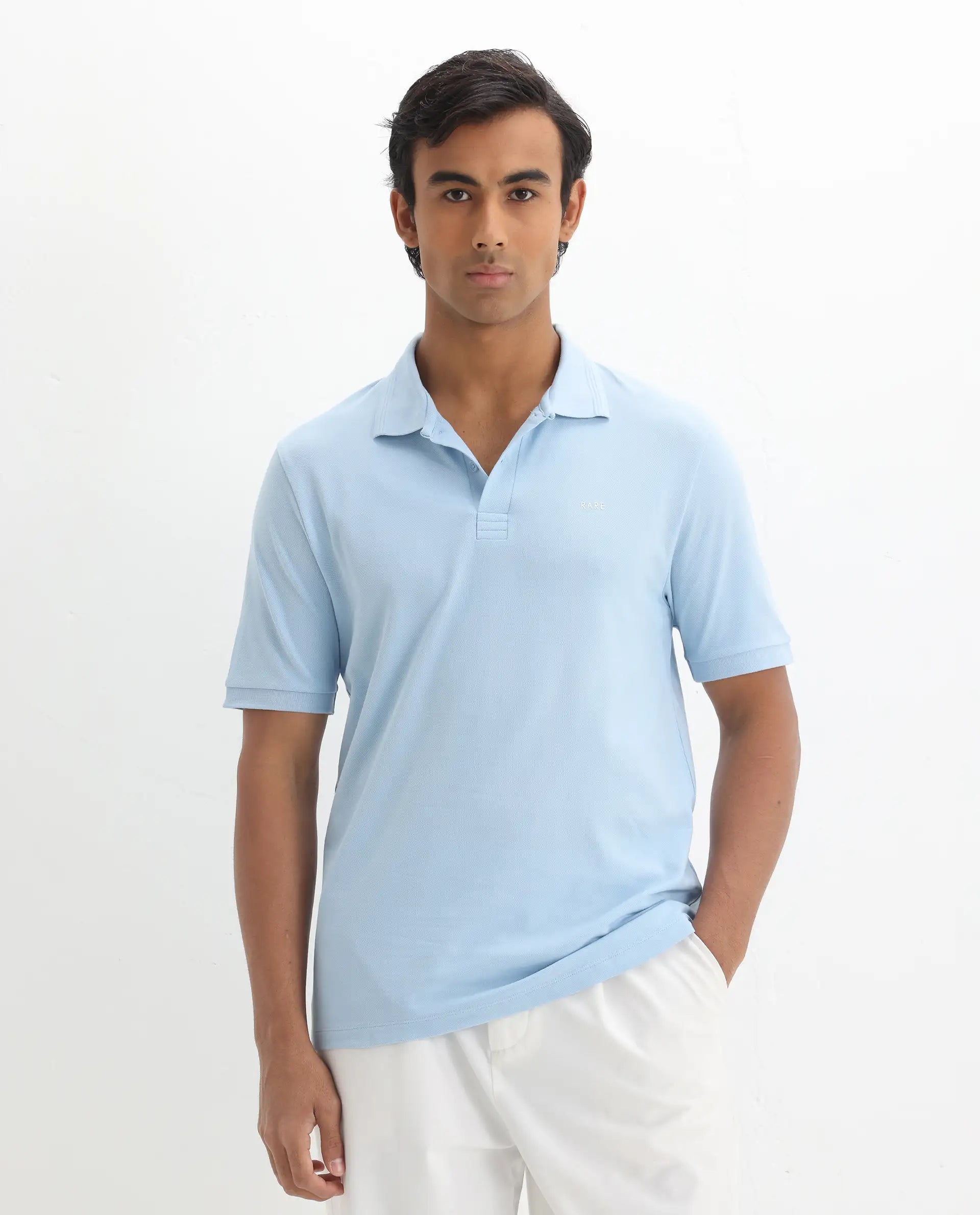 Rare Rabbit Men's Elixir Dusky Blue Cotton Blend Plain Regular Fit Half Sleeve Polo