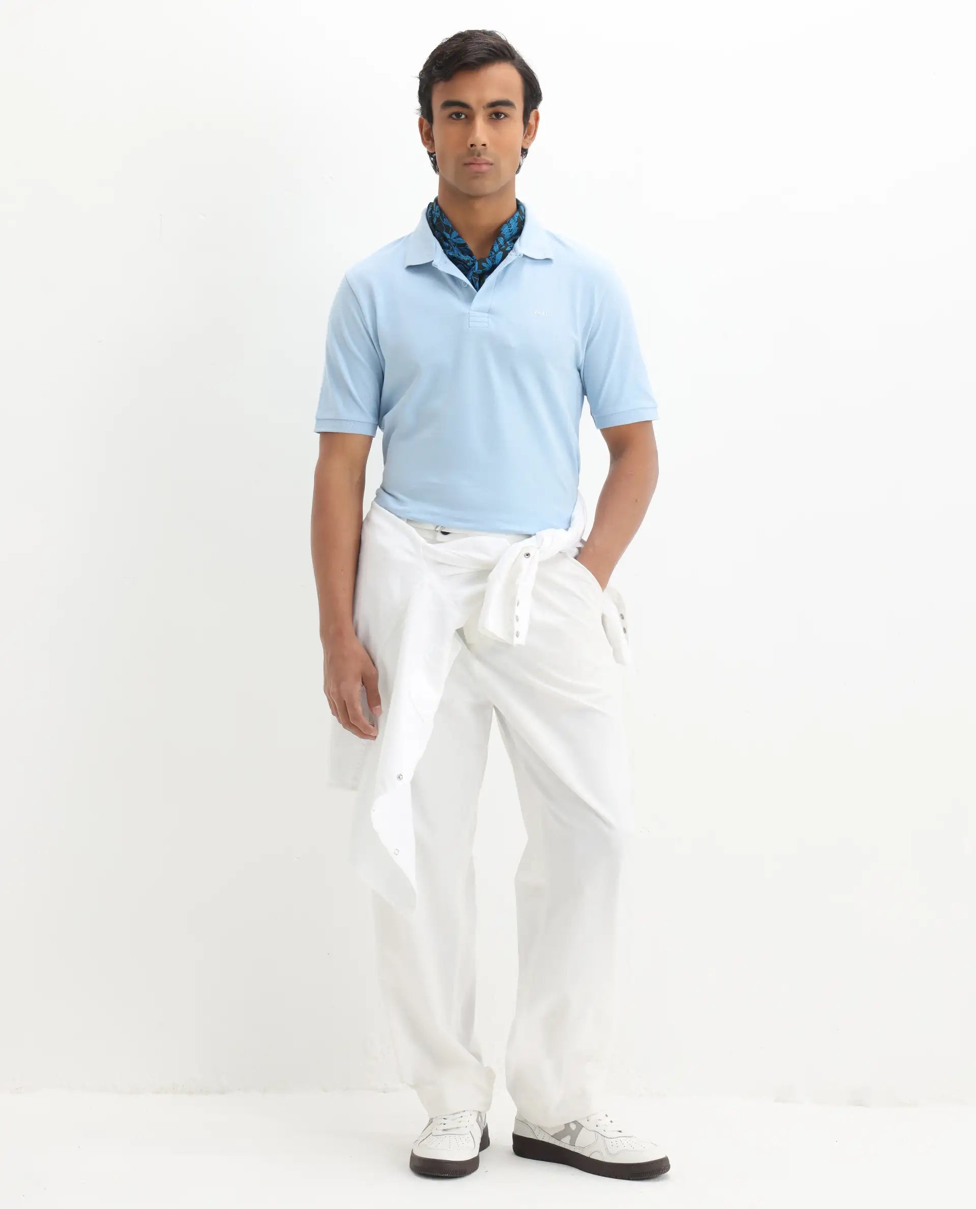 Rare Rabbit Men's Elixir Dusky Blue Cotton Blend Plain Regular Fit Half Sleeve Polo