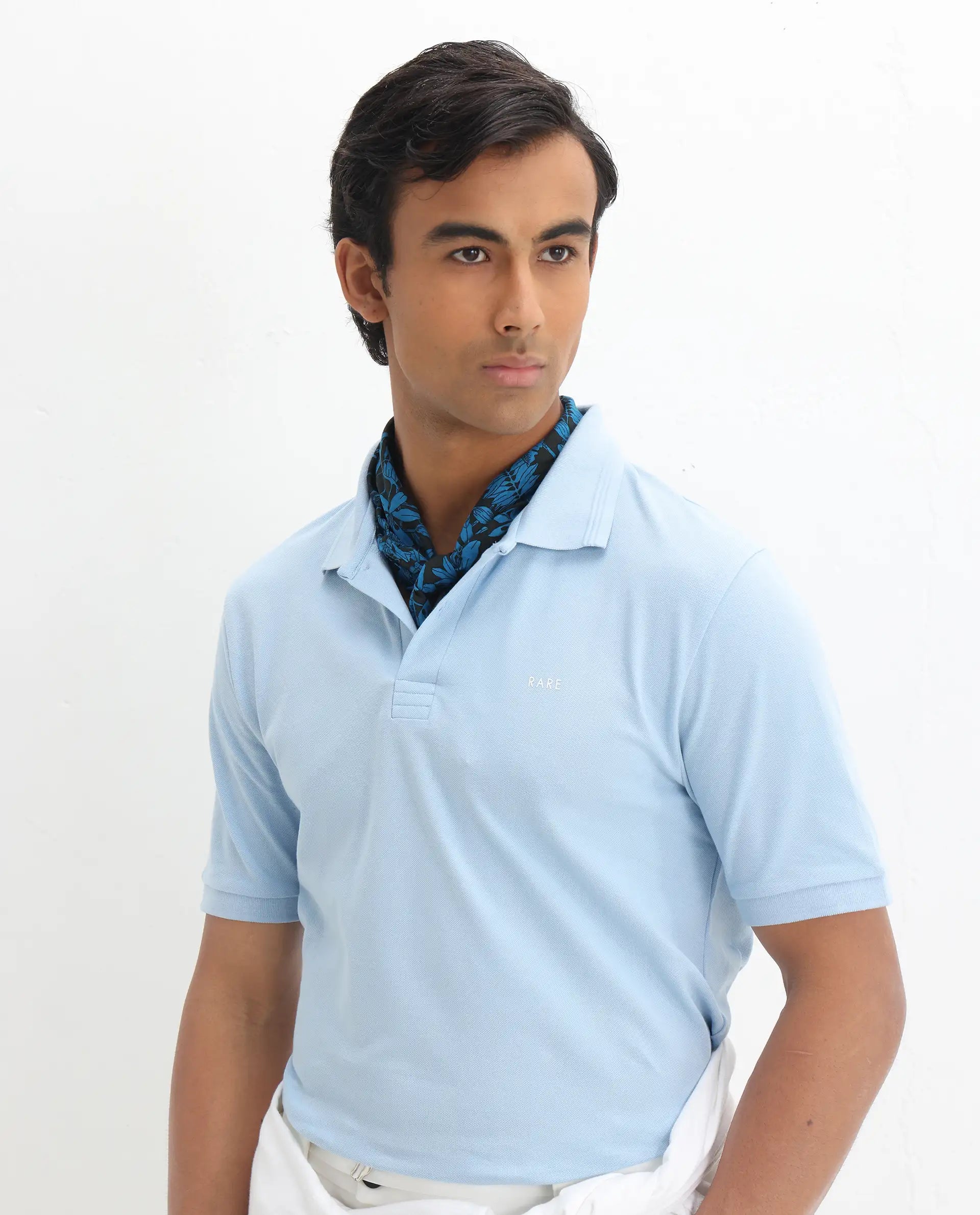 Rare Rabbit Men's Elixir Dusky Blue Cotton Blend Plain Regular Fit Half Sleeve Polo
