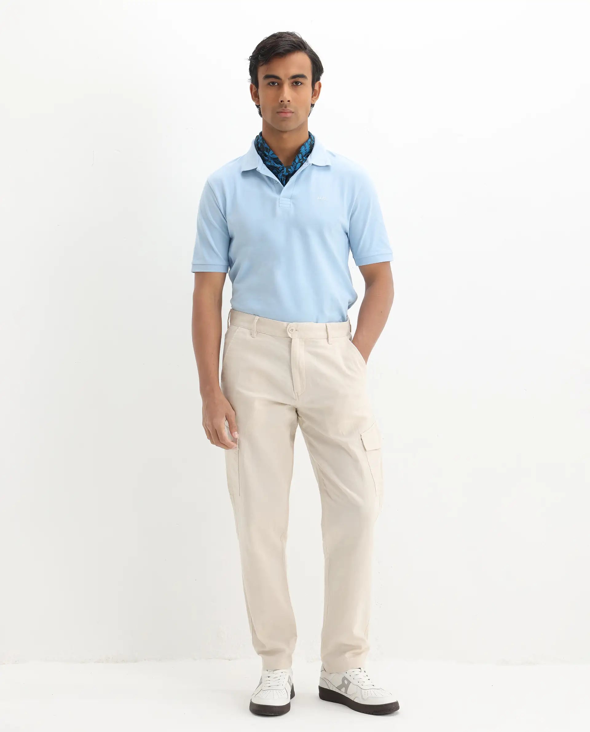 Rare Rabbit Men's Elixir Dusky Blue Cotton Blend Plain Regular Fit Half Sleeve Polo