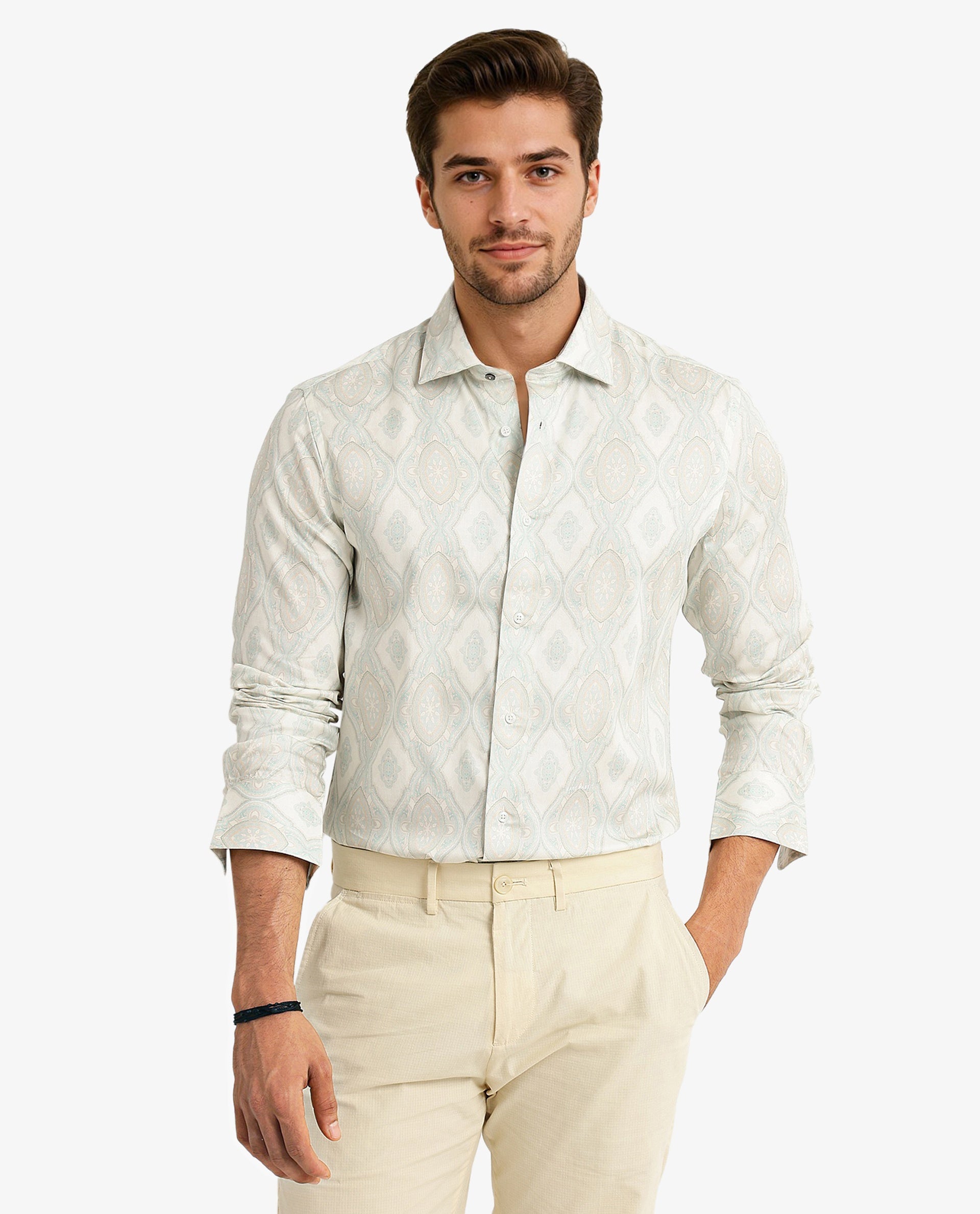 Rare Rabbit Men Elix Off White Cotton Modal Fabric Full Sleeve Button Closure Regular Fit Ornament Print Satin Shirt