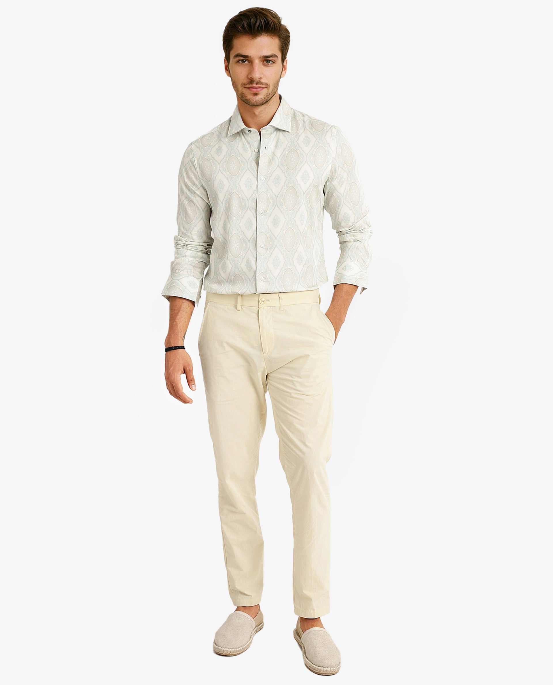 Rare Rabbit Men Elix Off White Cotton Modal Fabric Full Sleeve Button Closure Regular Fit Ornament Print Satin Shirt