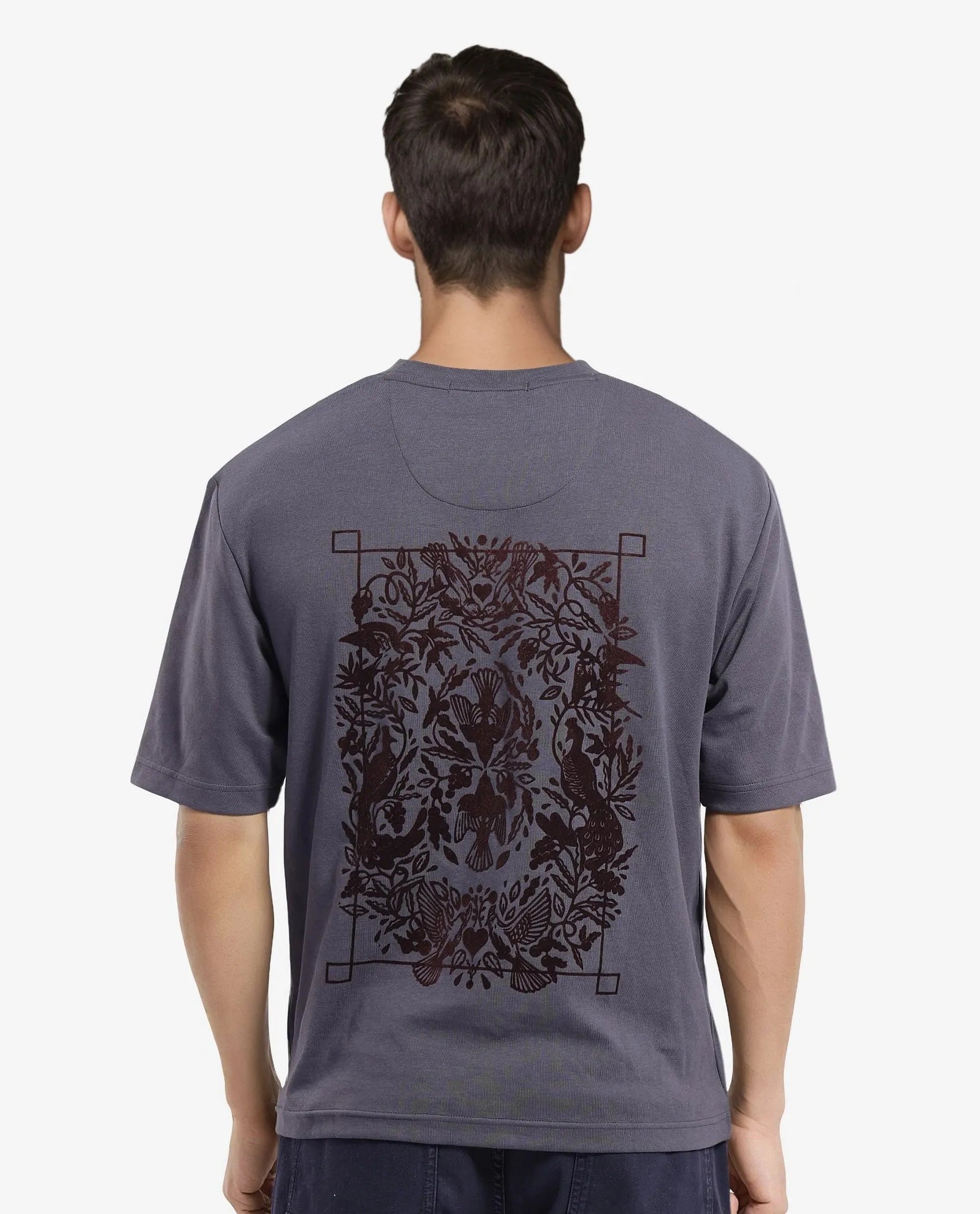 Rare Rabbit Men Eliy Dark Grey Cotton Polyester Fabric Short Sleeve Crew Neck Botanical Back Print Oversized Fit T-Shirt