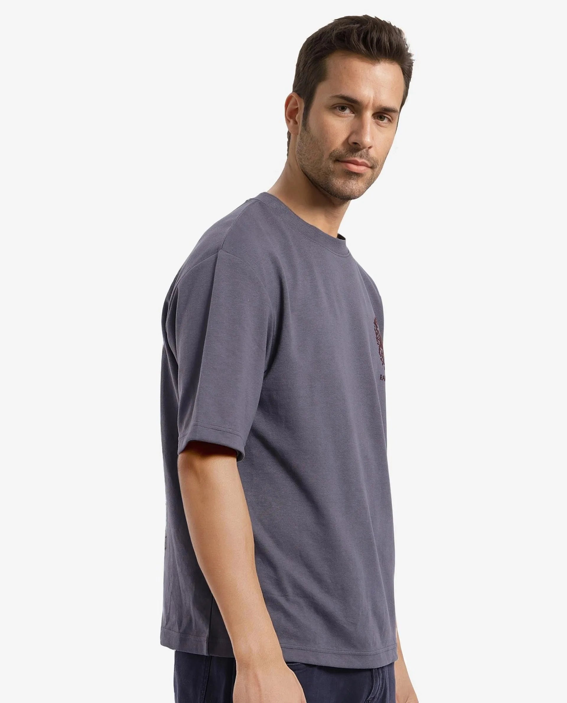 Rare Rabbit Men Eliy Dark Grey Cotton Polyester Fabric Short Sleeve Crew Neck Botanical Back Print Oversized Fit T-Shirt