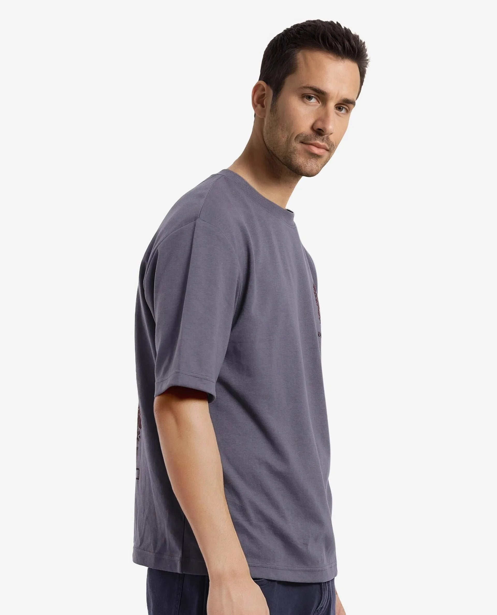 Rare Rabbit Men Eliy Dark Grey Cotton Polyester Fabric Short Sleeve Crew Neck Botanical Back Print Oversized Fit T-Shirt