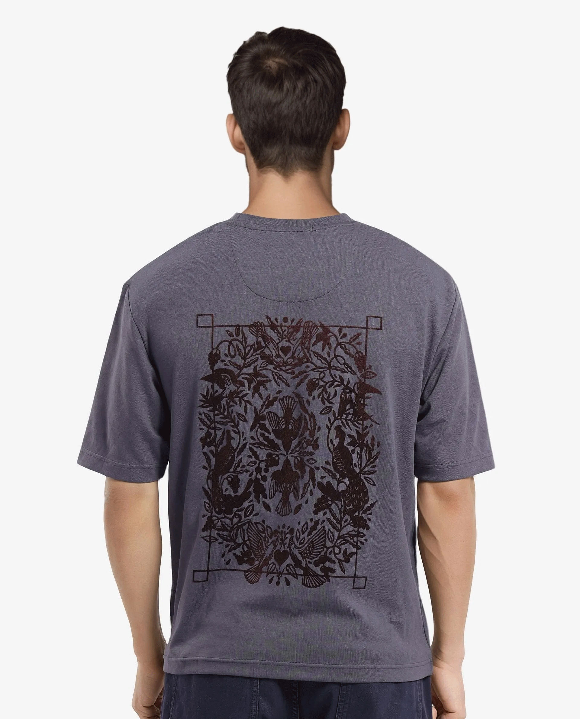 Rare Rabbit Men Eliy Dark Grey Cotton Polyester Fabric Short Sleeve Crew Neck Botanical Back Print Oversized Fit T-Shirt