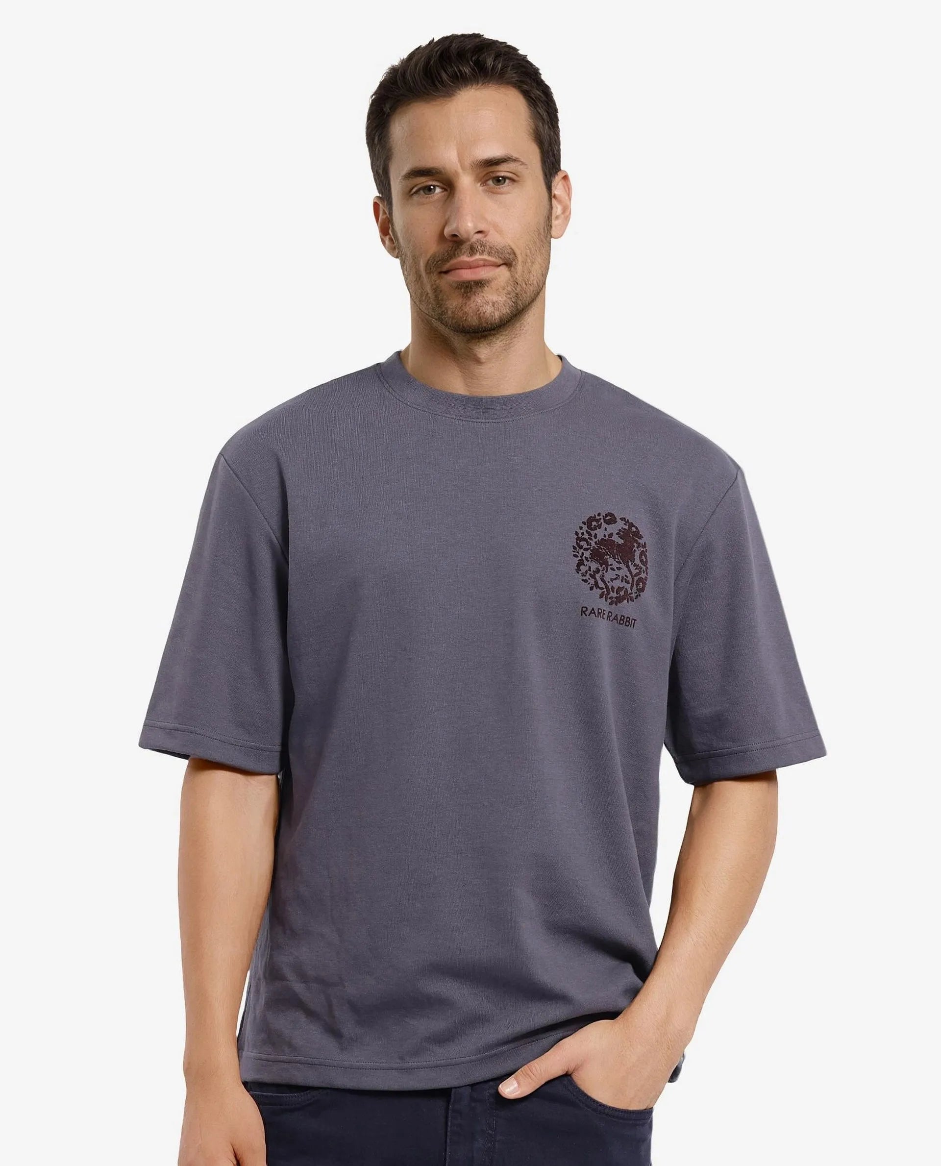 Rare Rabbit Men Eliy Dark Grey Cotton Polyester Fabric Short Sleeve Crew Neck Botanical Back Print Oversized Fit T-Shirt