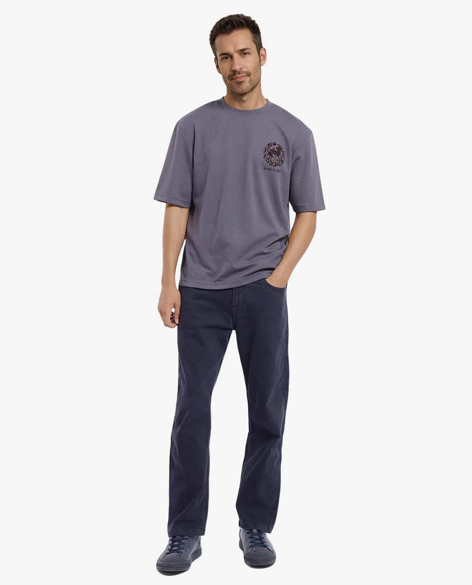 Rare Rabbit Men Eliy Dark Grey Cotton Polyester Fabric Short Sleeve Crew Neck Botanical Back Print Oversized Fit T-Shirt