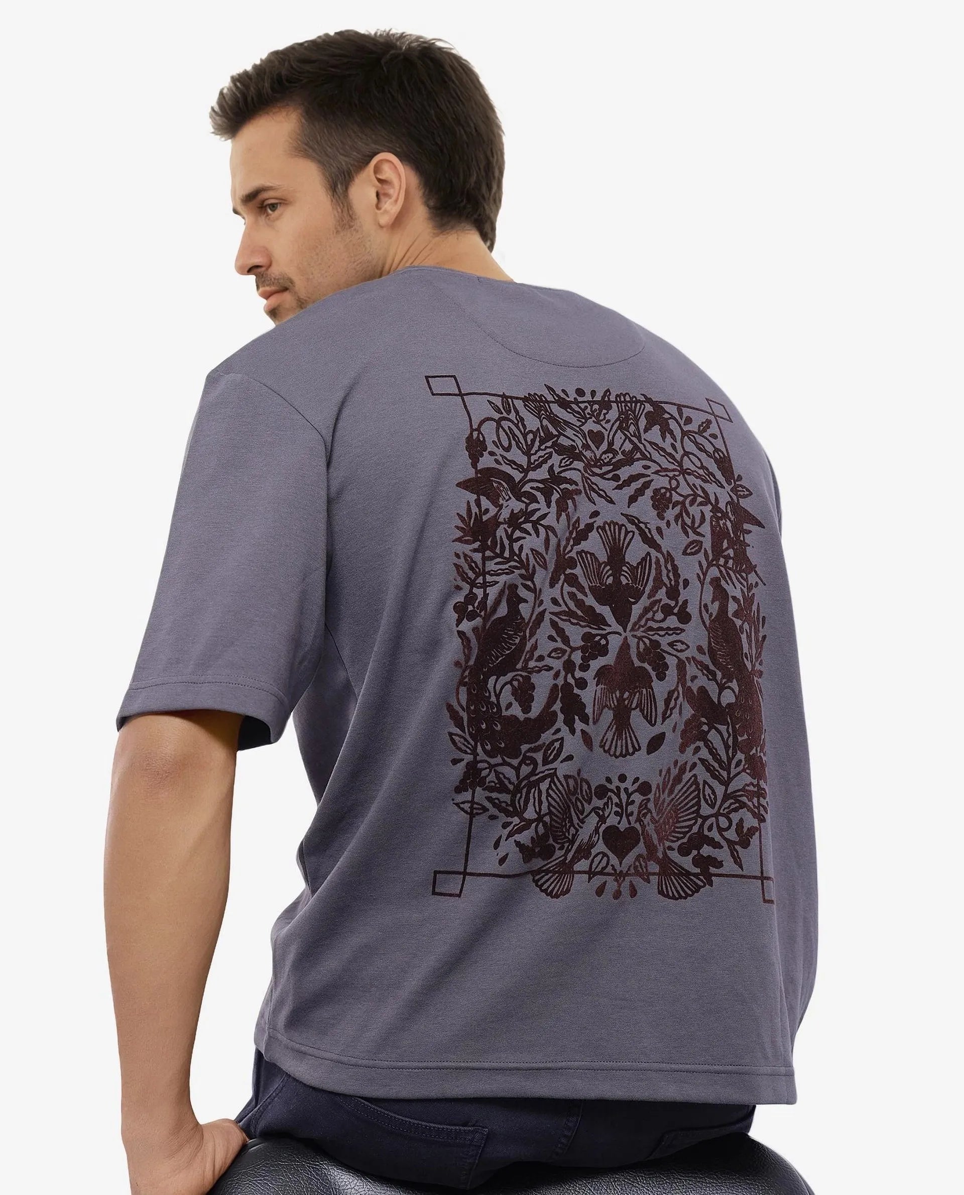 Rare Rabbit Men Eliy Dark Grey Cotton Polyester Fabric Short Sleeve Crew Neck Botanical Back Print Oversized Fit T-Shirt