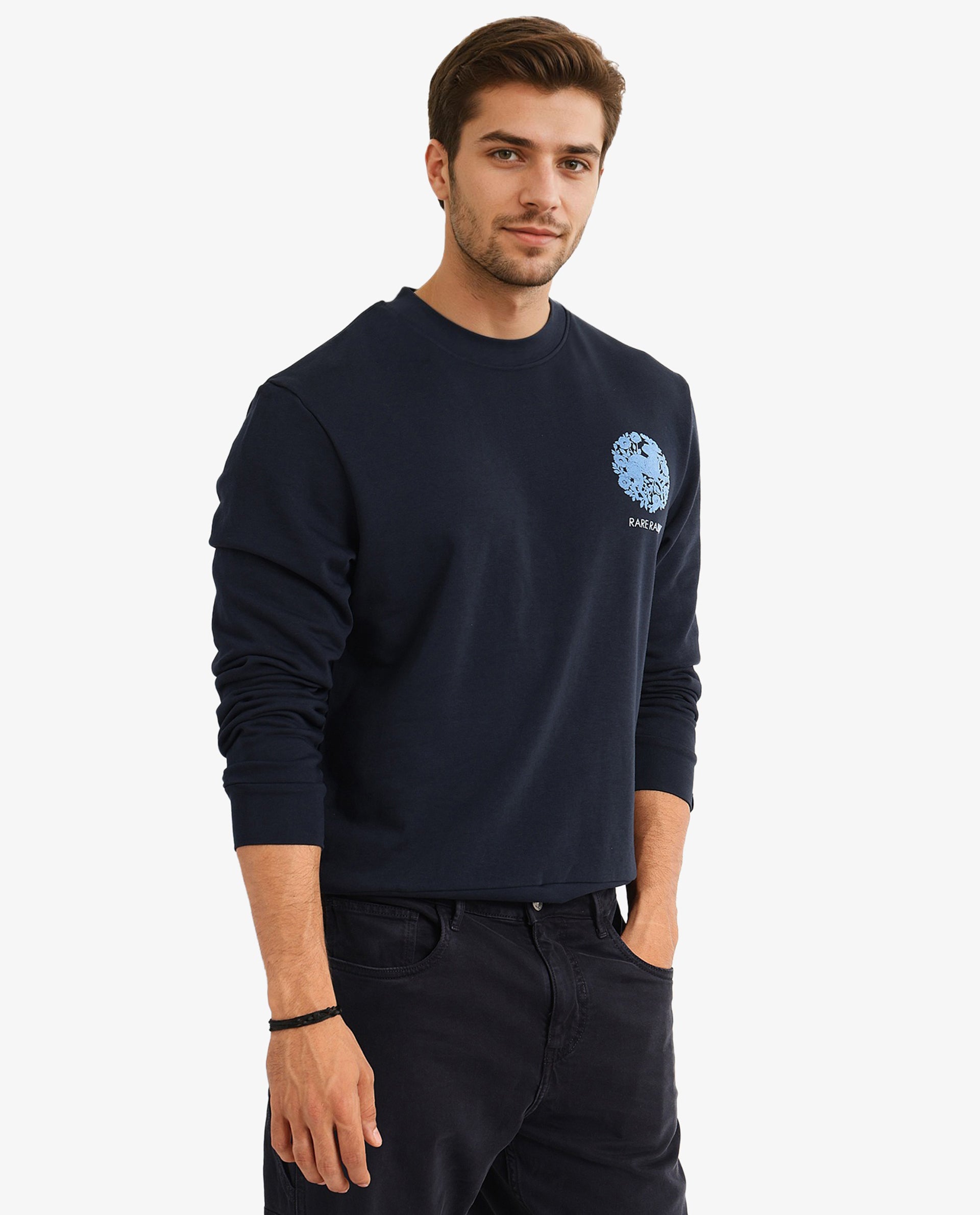 Rare Rabbit Men Eliyo Navy Cotton Fabric Full Sleeve Crew Neck Botanical Backprint Sweatshirt