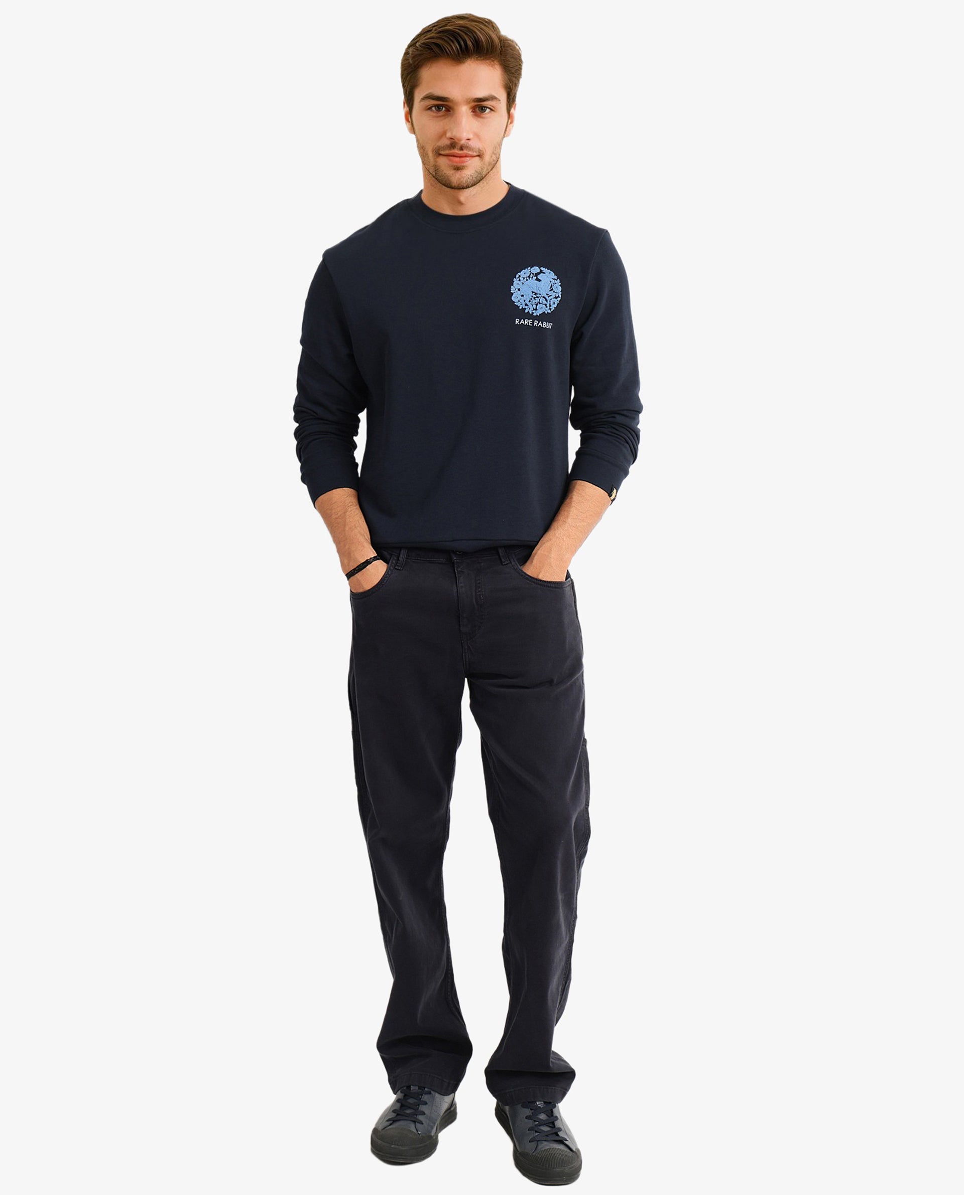 Rare Rabbit Men Eliyo Navy Cotton Fabric Full Sleeve Crew Neck Botanical Backprint Sweatshirt