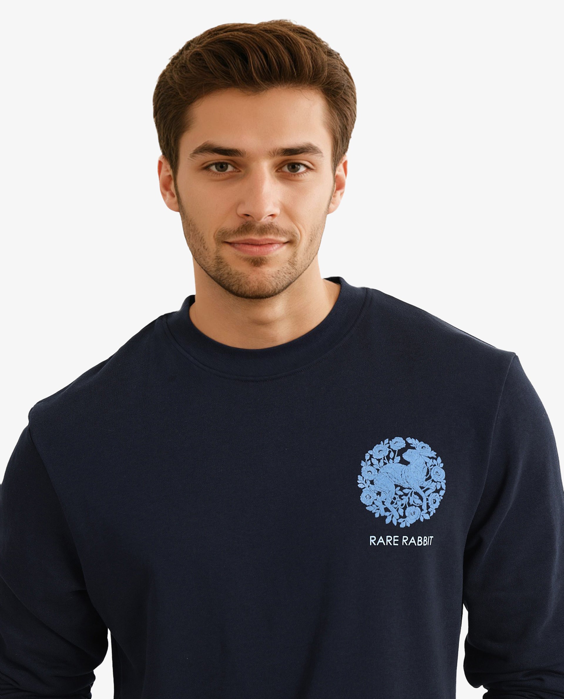 Rare Rabbit Men Eliyo Navy Cotton Fabric Full Sleeve Crew Neck Botanical Backprint Sweatshirt