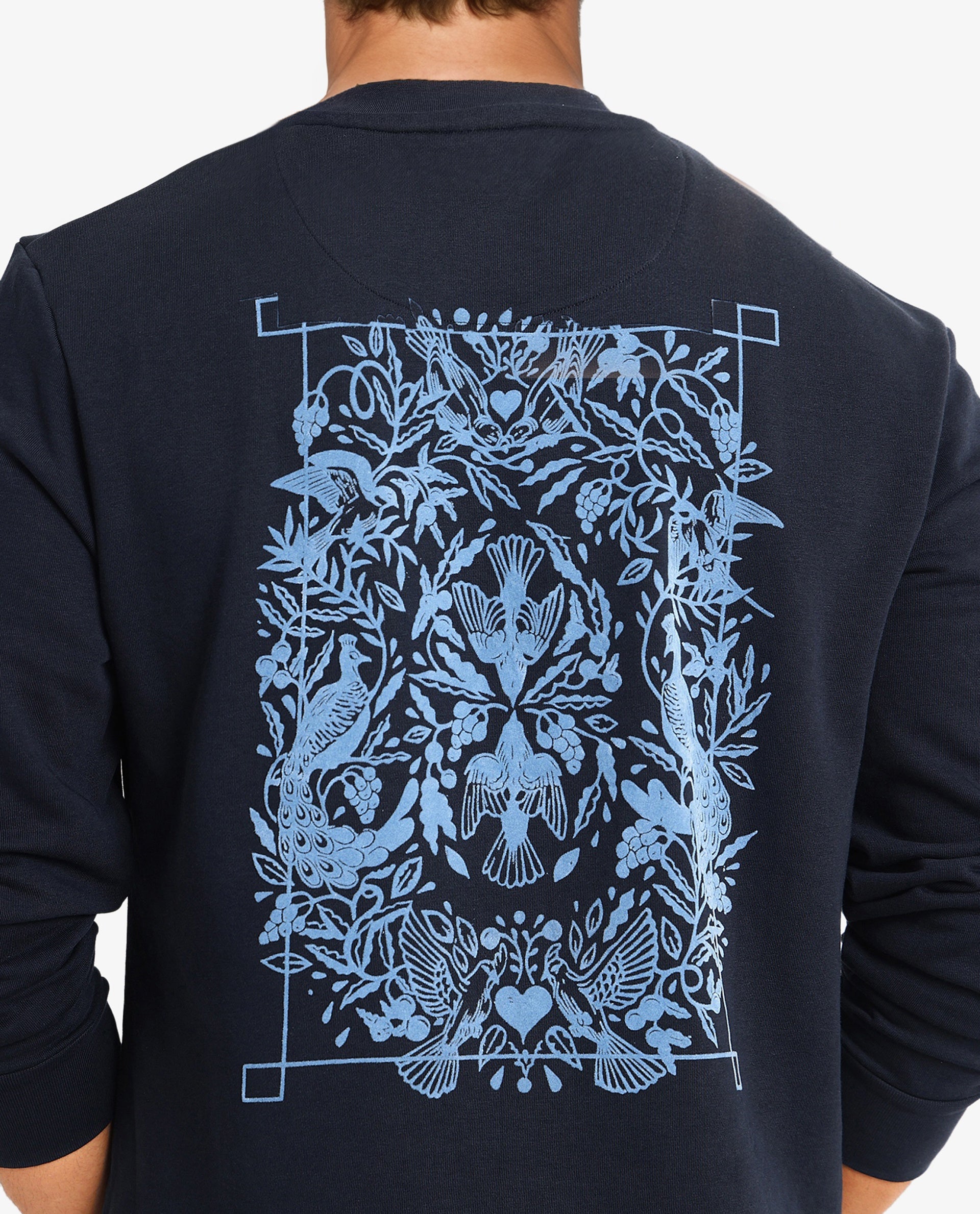 Rare Rabbit Men Eliyo Navy Cotton Fabric Full Sleeve Crew Neck Botanical Backprint Sweatshirt