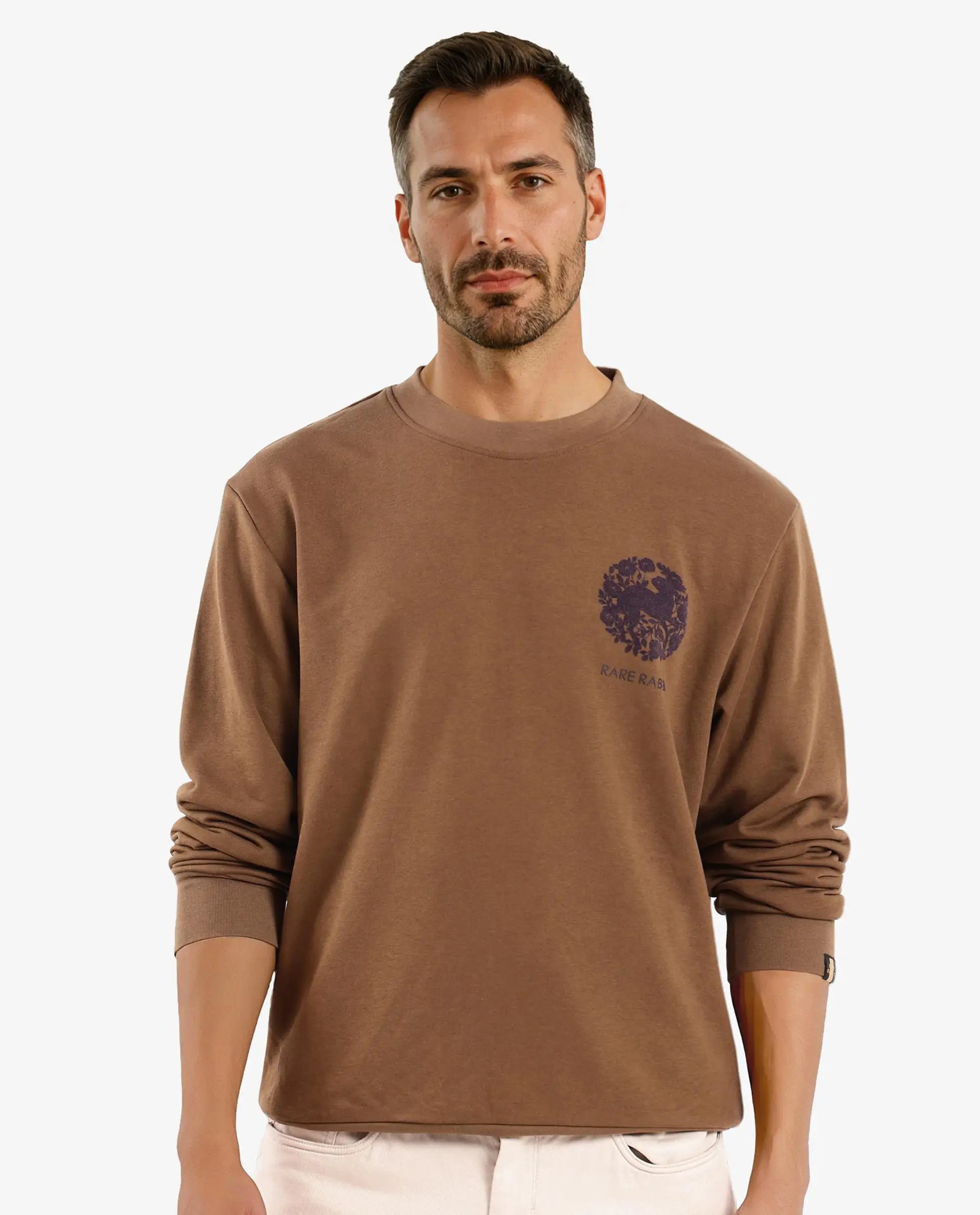 Rare Rabbit Men Eliyo Rust Cotton Fabric Full Sleeve Crew Neck Botanical Backprint Sweatshirt