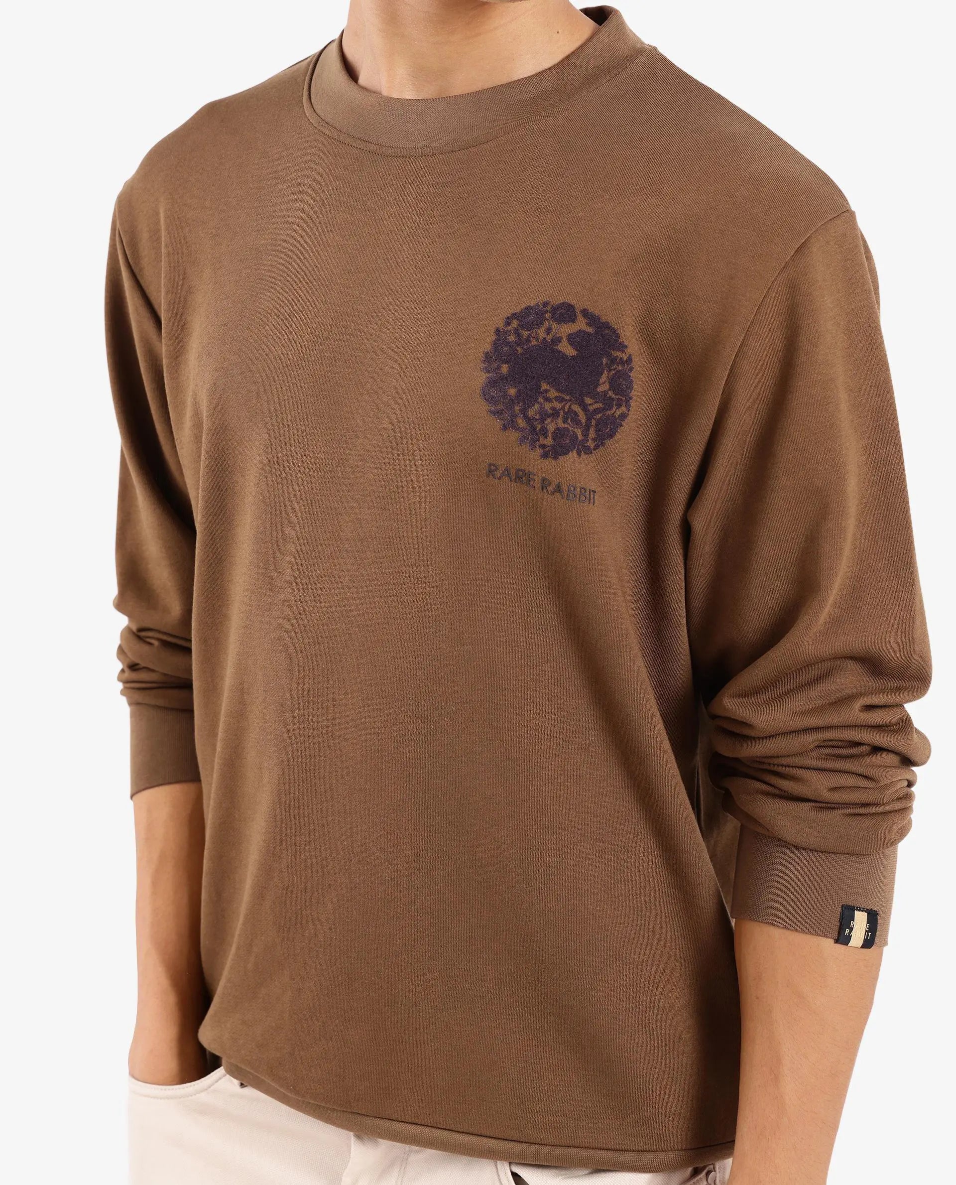 Rare Rabbit Men Eliyo Rust Cotton Fabric Full Sleeve Crew Neck Botanical Backprint Sweatshirt