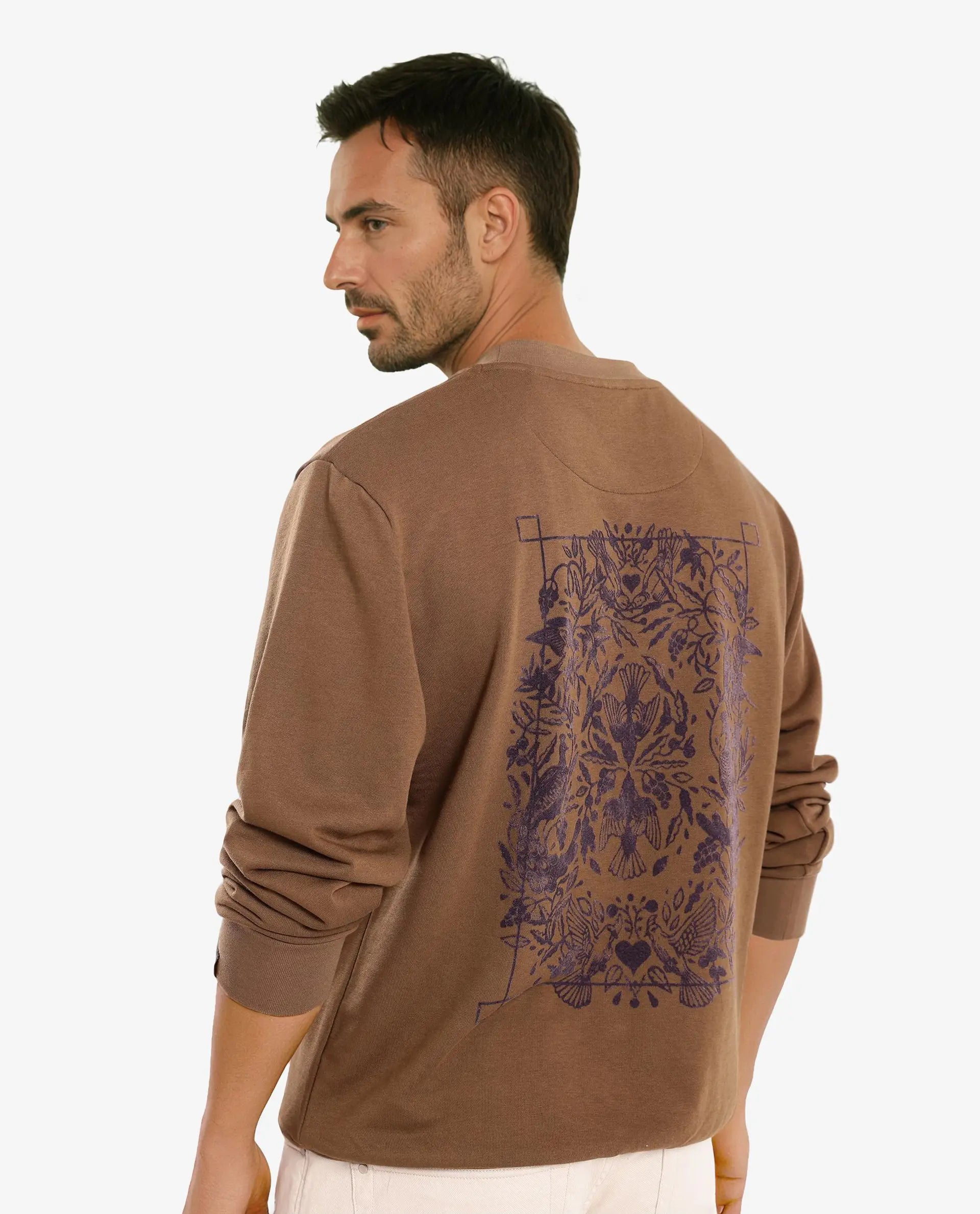 Rare Rabbit Men Eliyo Rust Cotton Fabric Full Sleeve Crew Neck Botanical Backprint Sweatshirt