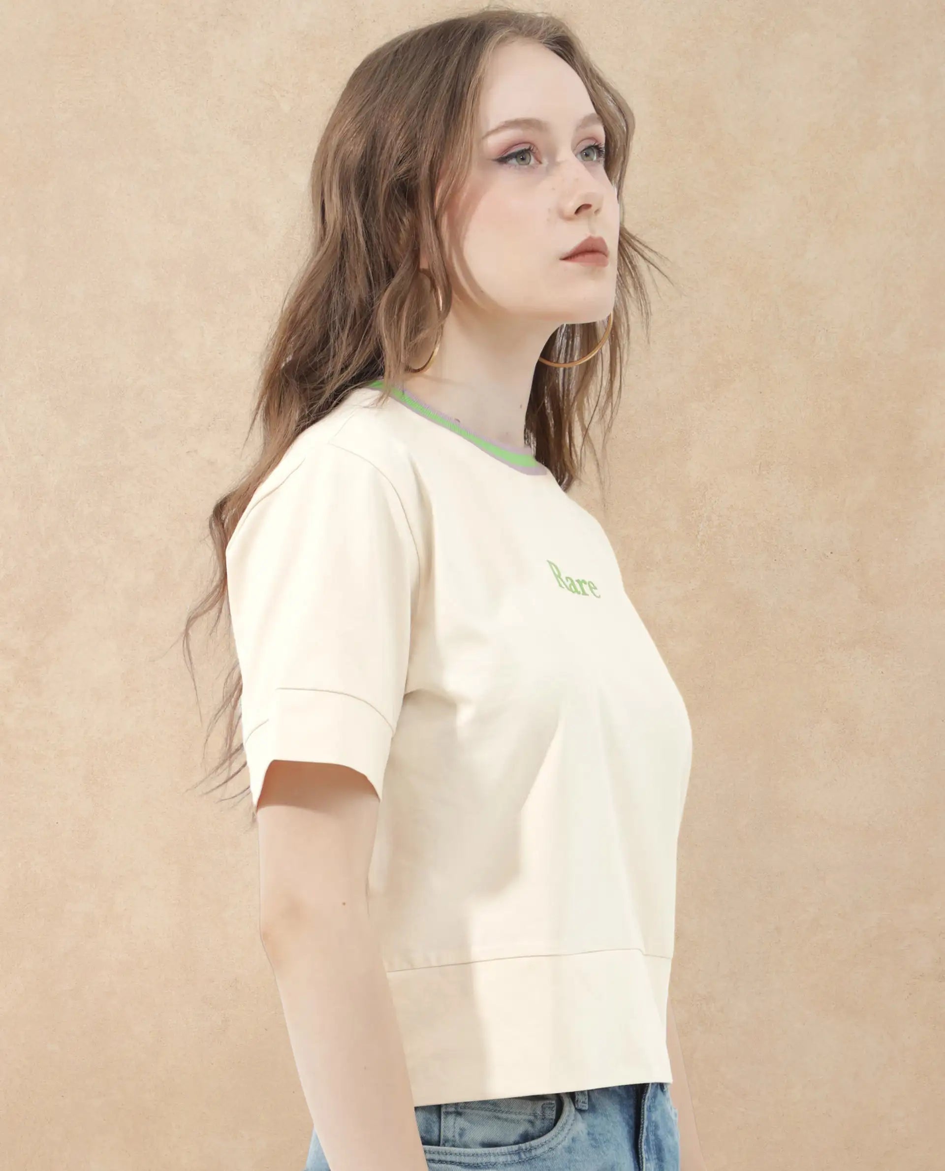 Rareism Women Eliza Light Beige Cotton Elastane Fabric Crew Neck Knit Solid T-Shirt