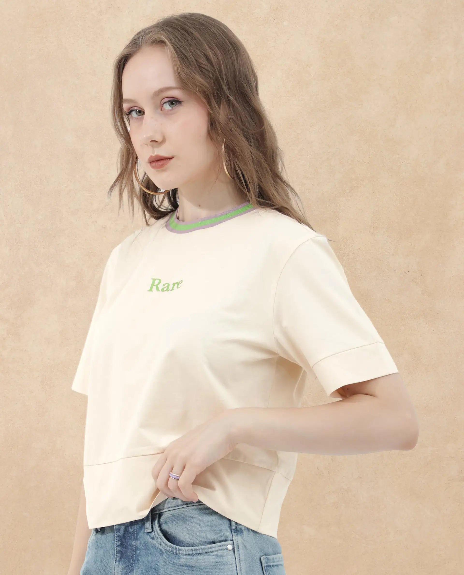 Rareism Women Eliza Light Beige Cotton Elastane Fabric Crew Neck Knit Solid T-Shirt