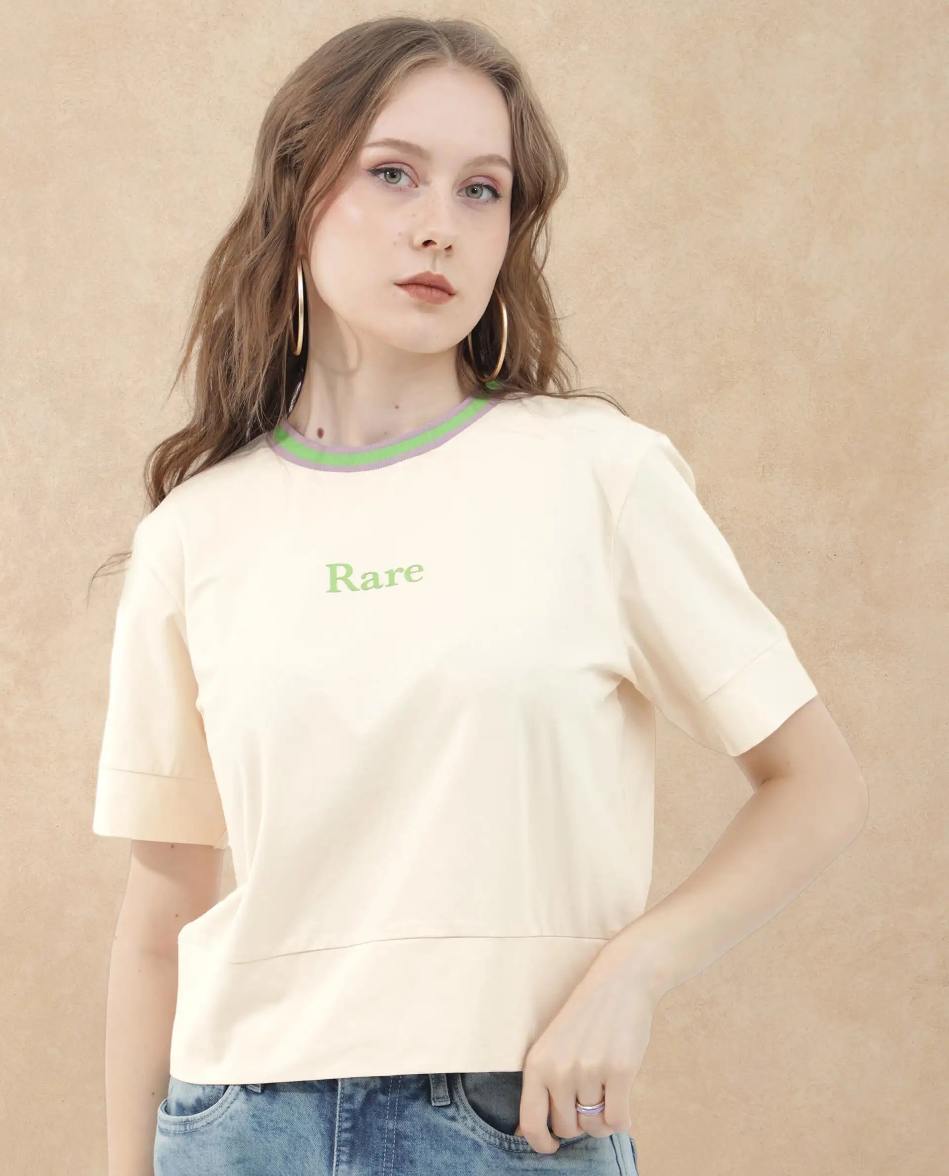 Rareism Women Eliza Light Beige Cotton Elastane Fabric Crew Neck Knit Solid T-Shirt