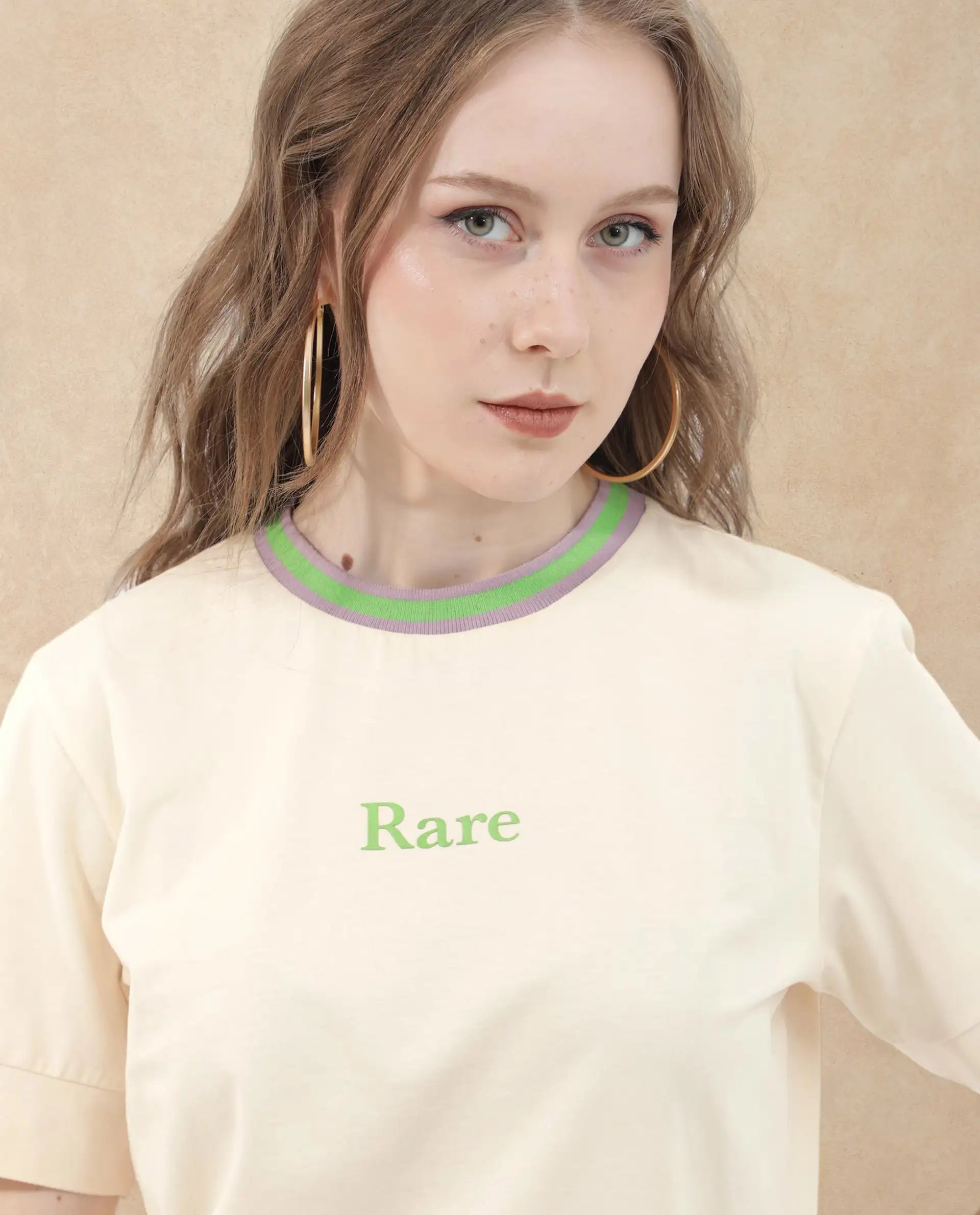 Rareism Women Eliza Light Beige Cotton Elastane Fabric Crew Neck Knit Solid T-Shirt