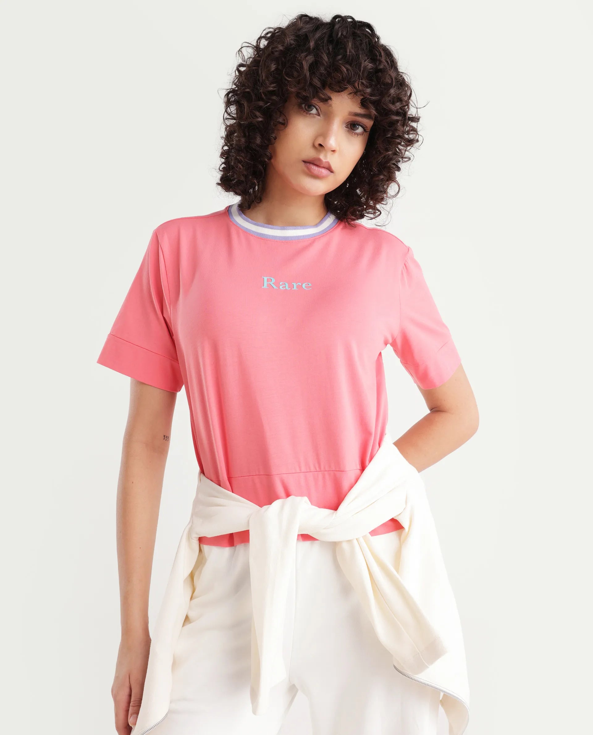 Rareism Women's Eliza Peach Cotton Blend Crew Neck Graphic Print Regular Fit T-Shirt