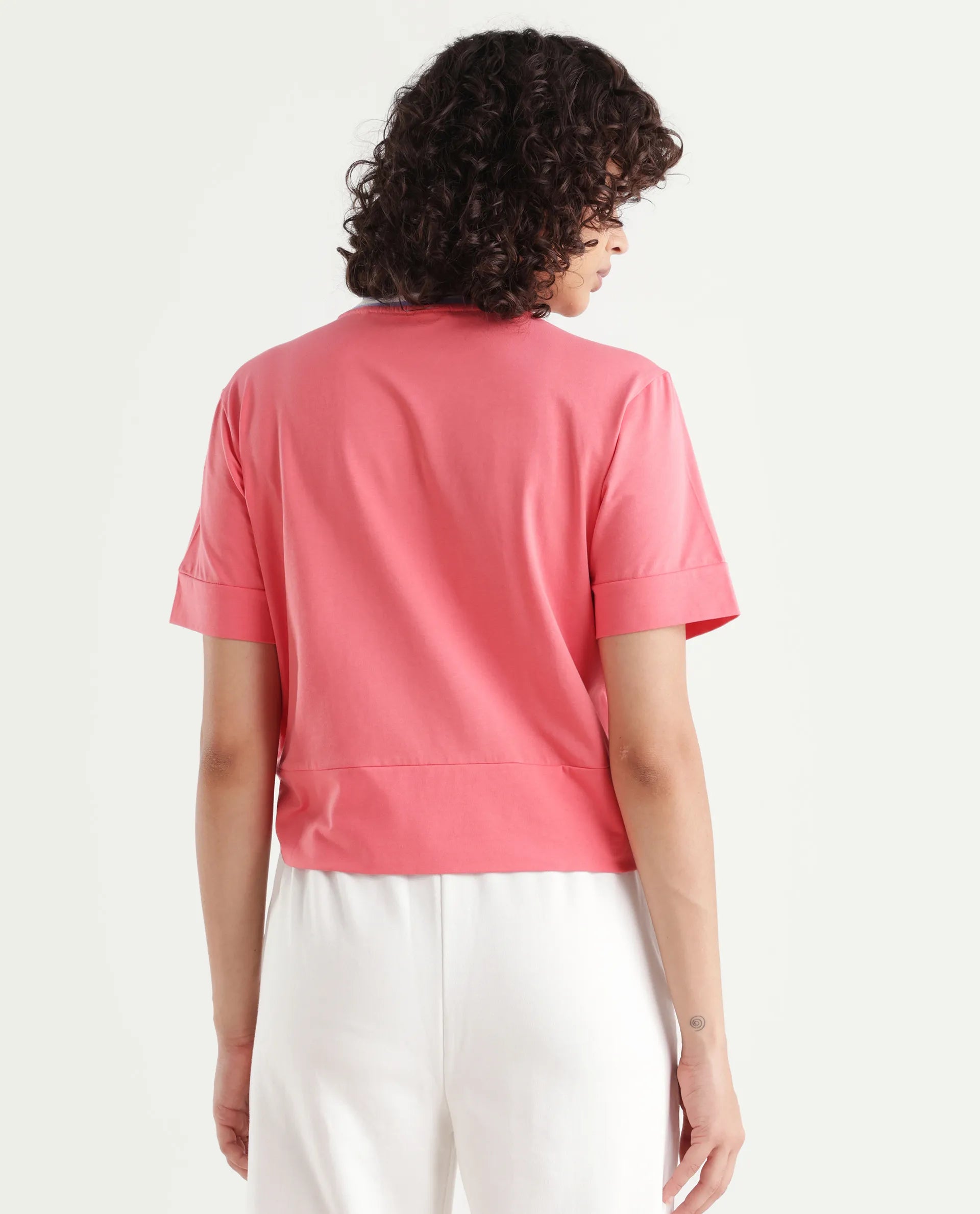 Rareism Women's Eliza Peach Cotton Blend Crew Neck Graphic Print Regular Fit T-Shirt