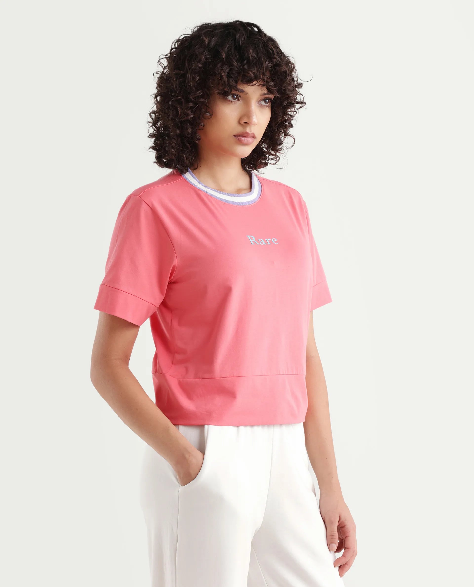 Rareism Women's Eliza Peach Cotton Blend Crew Neck Graphic Print Regular Fit T-Shirt