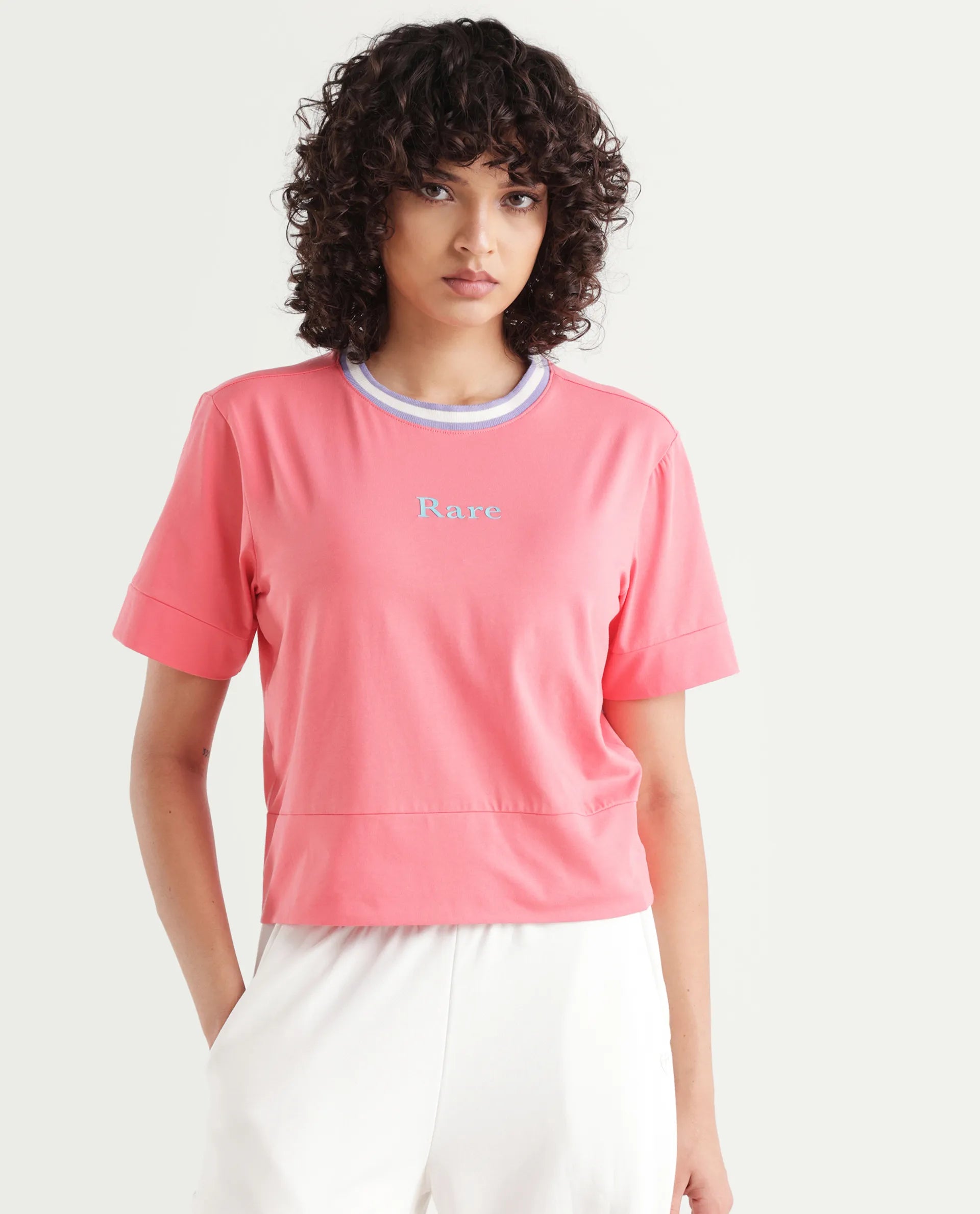 Rareism Women's Eliza Peach Cotton Blend Crew Neck Graphic Print Regular Fit T-Shirt