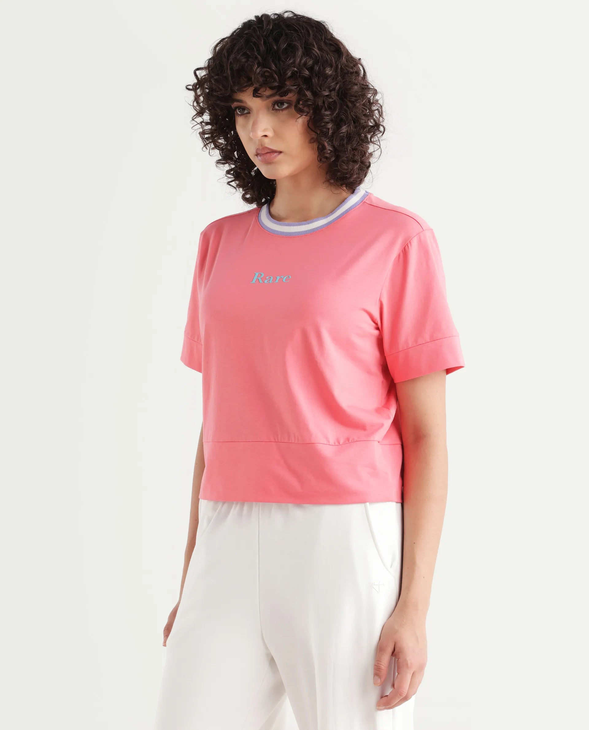 Rareism Women's Eliza Peach Cotton Blend Crew Neck Graphic Print Regular Fit T-Shirt